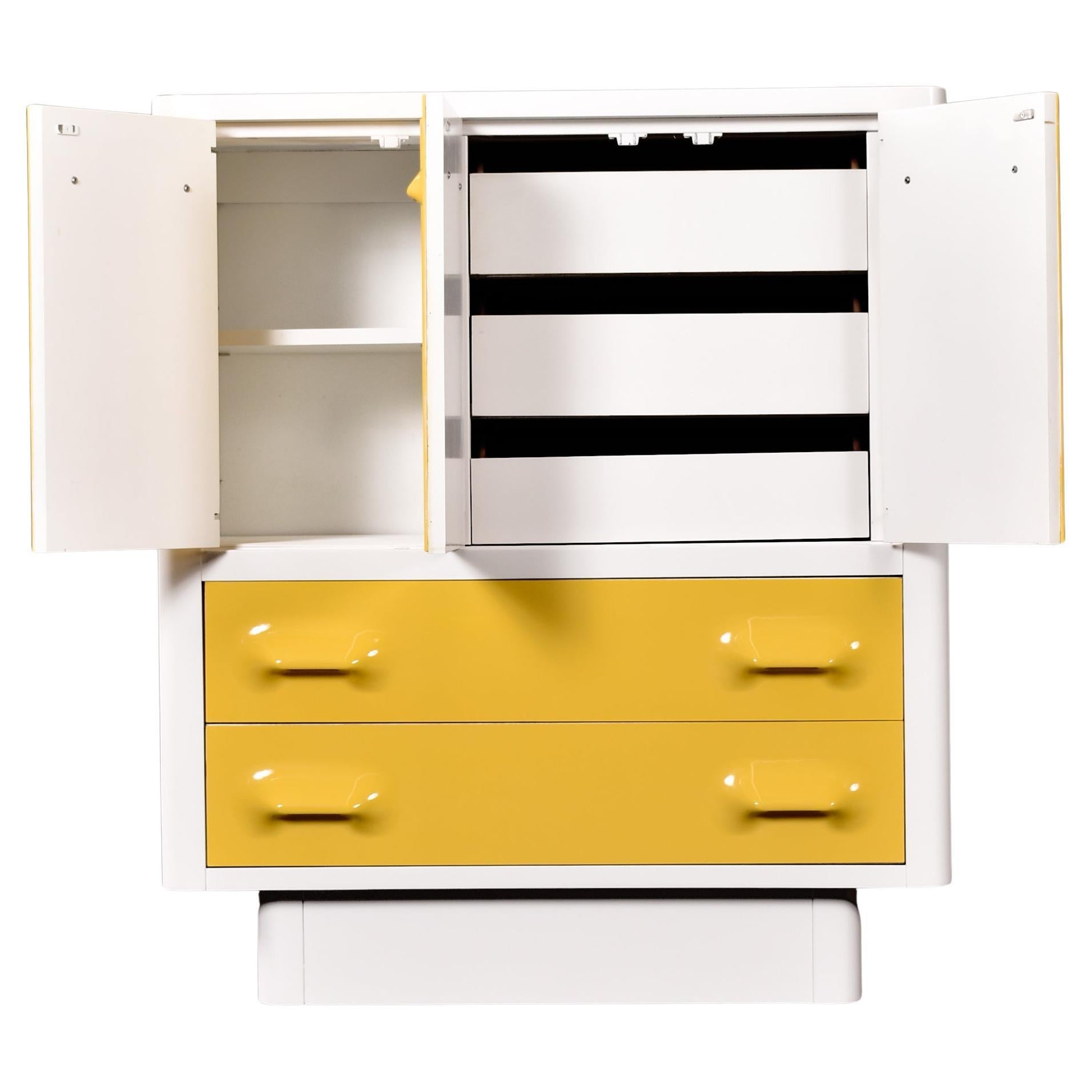 Mid-Century Modern Raymond Loewy Inspired Yellow Chapter One Highboy Dresser Gentlemans Chest For Sale