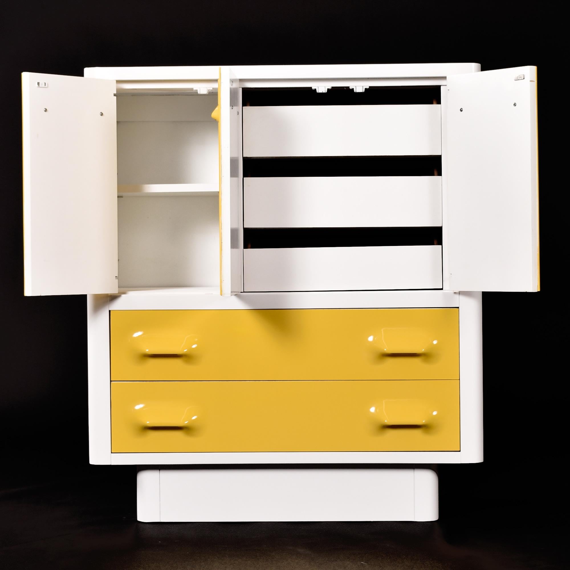 Plastic Raymond Loewy Inspired Yellow Chapter One Highboy Dresser Gentlemans Chest For Sale