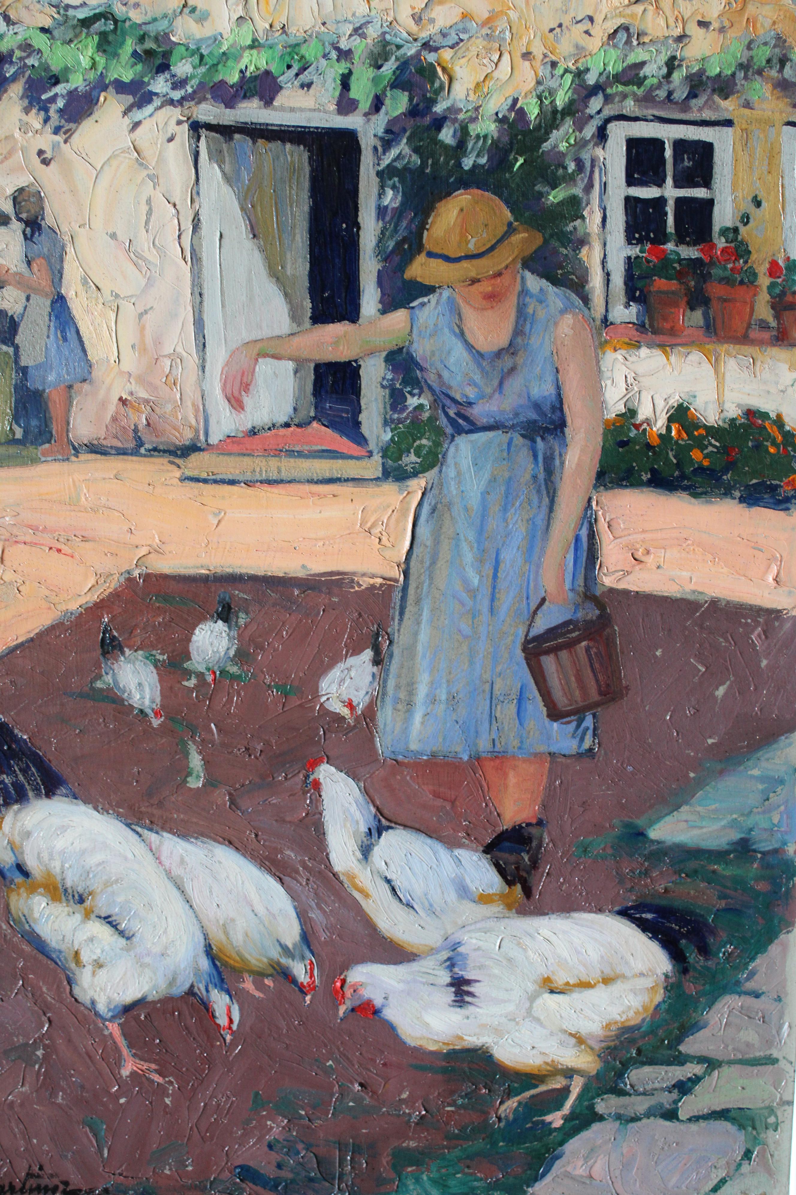 Peinture à l'huile figurative d'un paysage vintage, femme nourrissant des poulets en vente 6