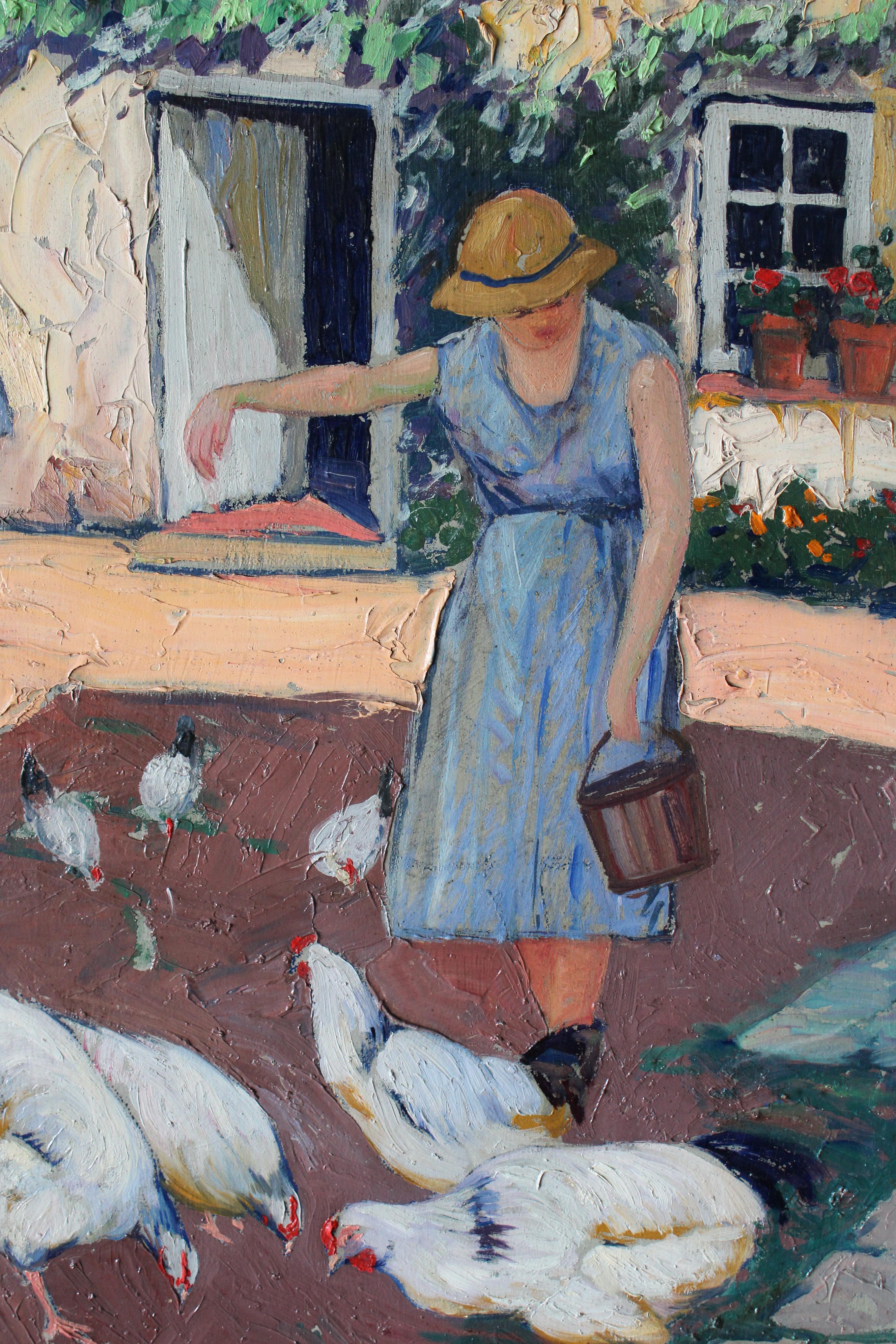 Peinture à l'huile figurative d'un paysage vintage, femme nourrissant des poulets en vente 7