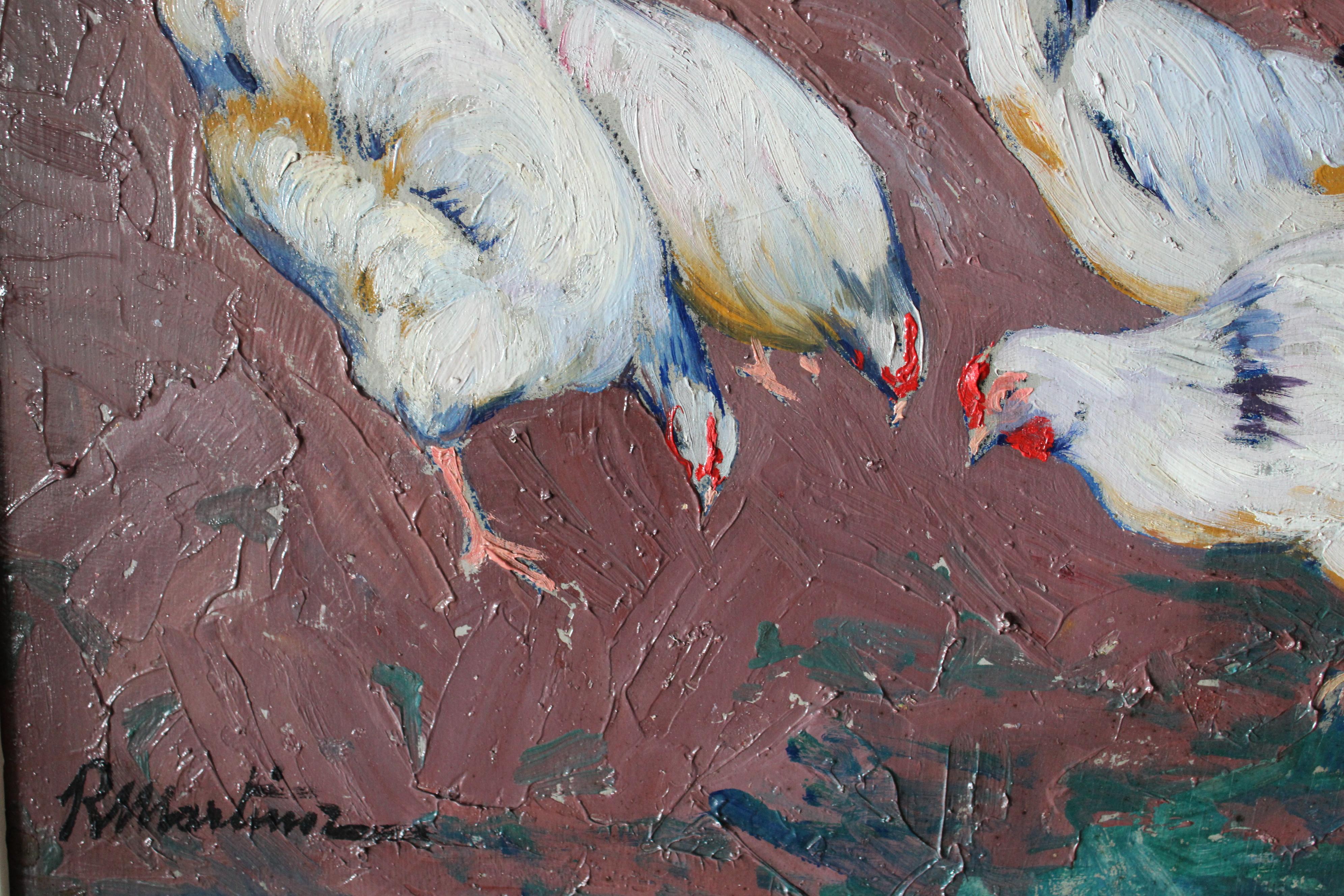 Peinture à l'huile figurative d'un paysage vintage, femme nourrissant des poulets en vente 8
