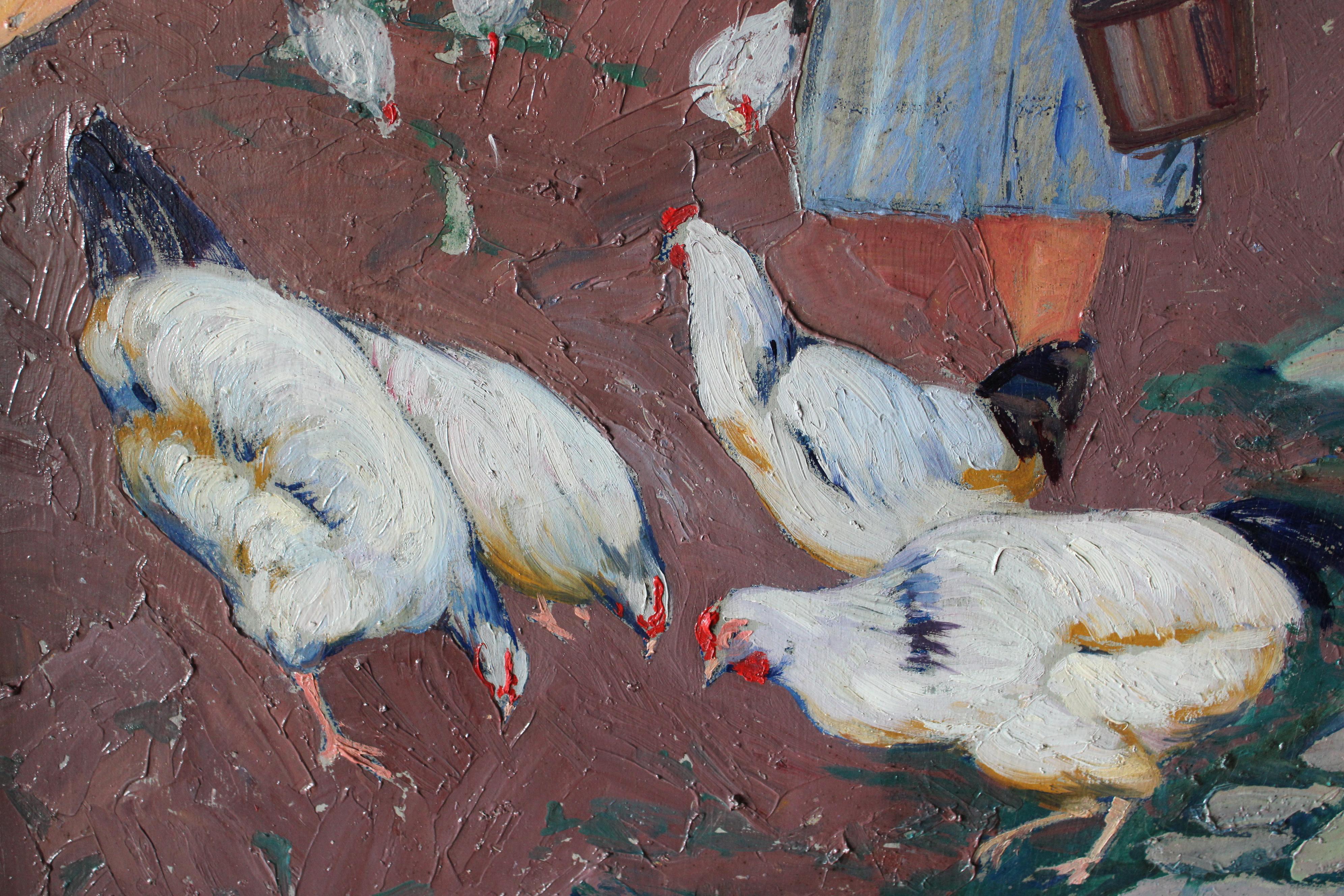 Peinture à l'huile figurative d'un paysage vintage, femme nourrissant des poulets en vente 9