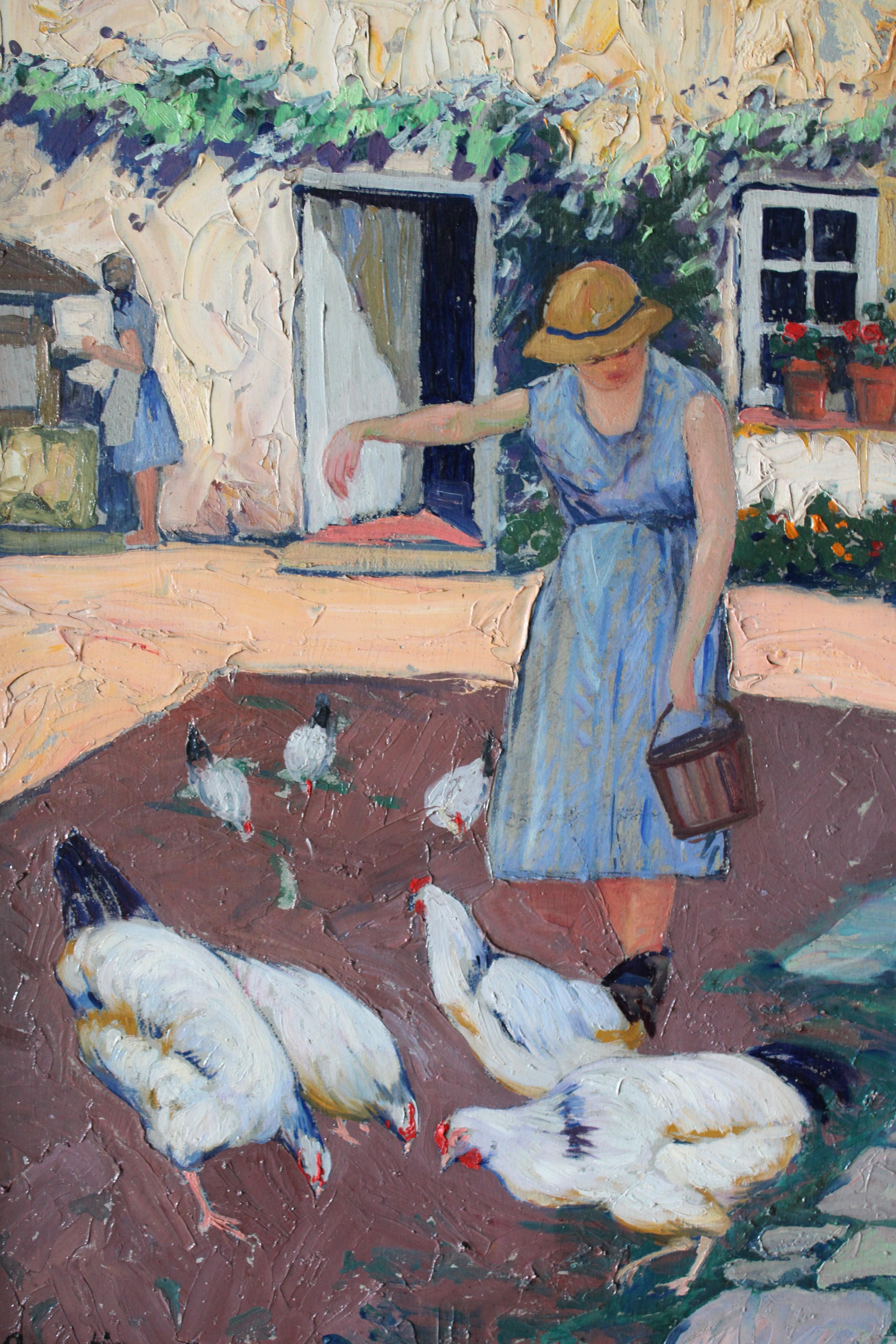 Peinture à l'huile figurative d'un paysage vintage, femme nourrissant des poulets en vente 10