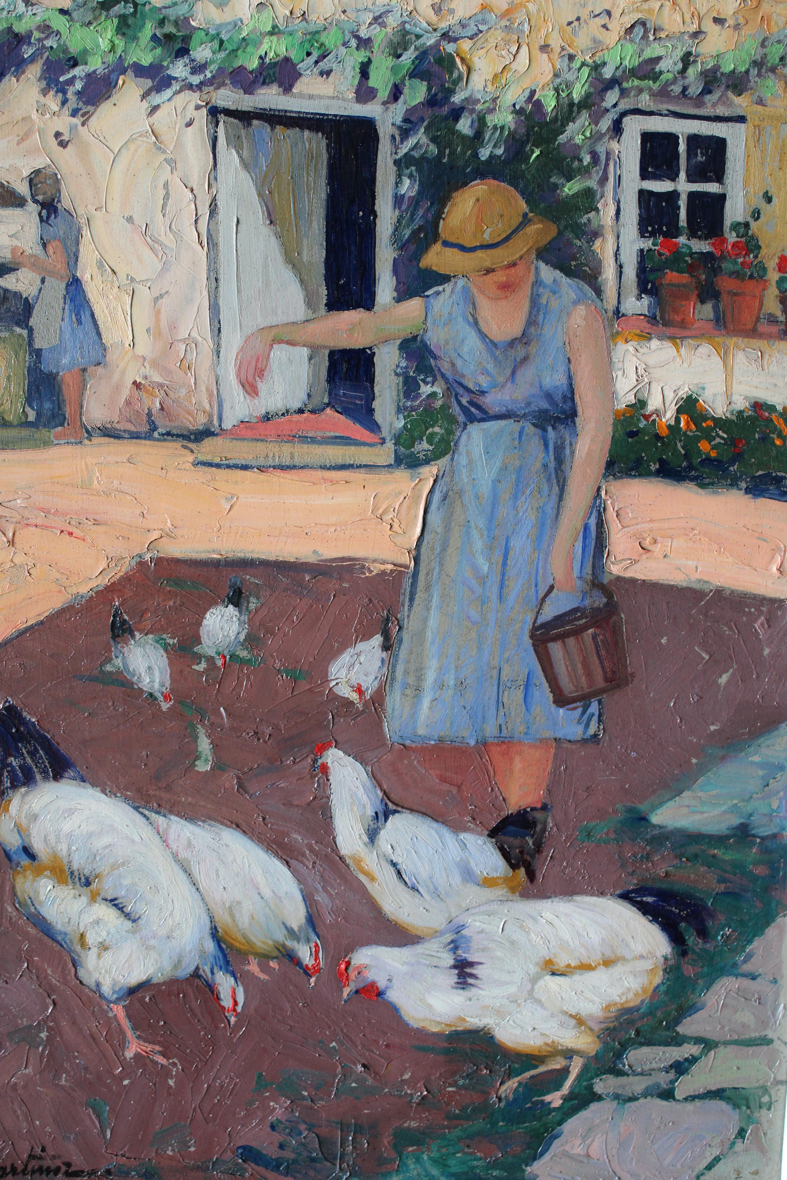 Peinture à l'huile figurative d'un paysage vintage, femme nourrissant des poulets - Painting de Raymond Martinez