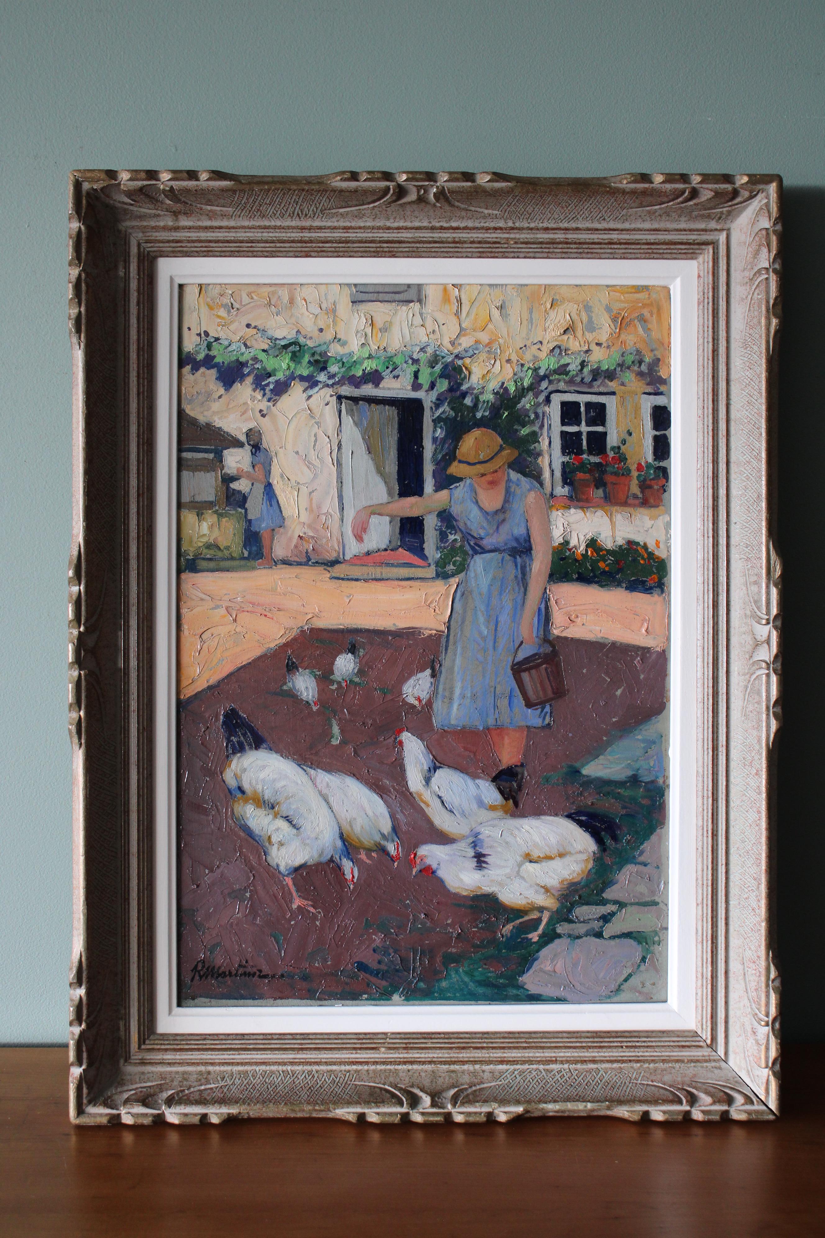 Peinture à l'huile figurative d'un paysage vintage, femme nourrissant des poulets - Post-impressionnisme Painting par Raymond Martinez
