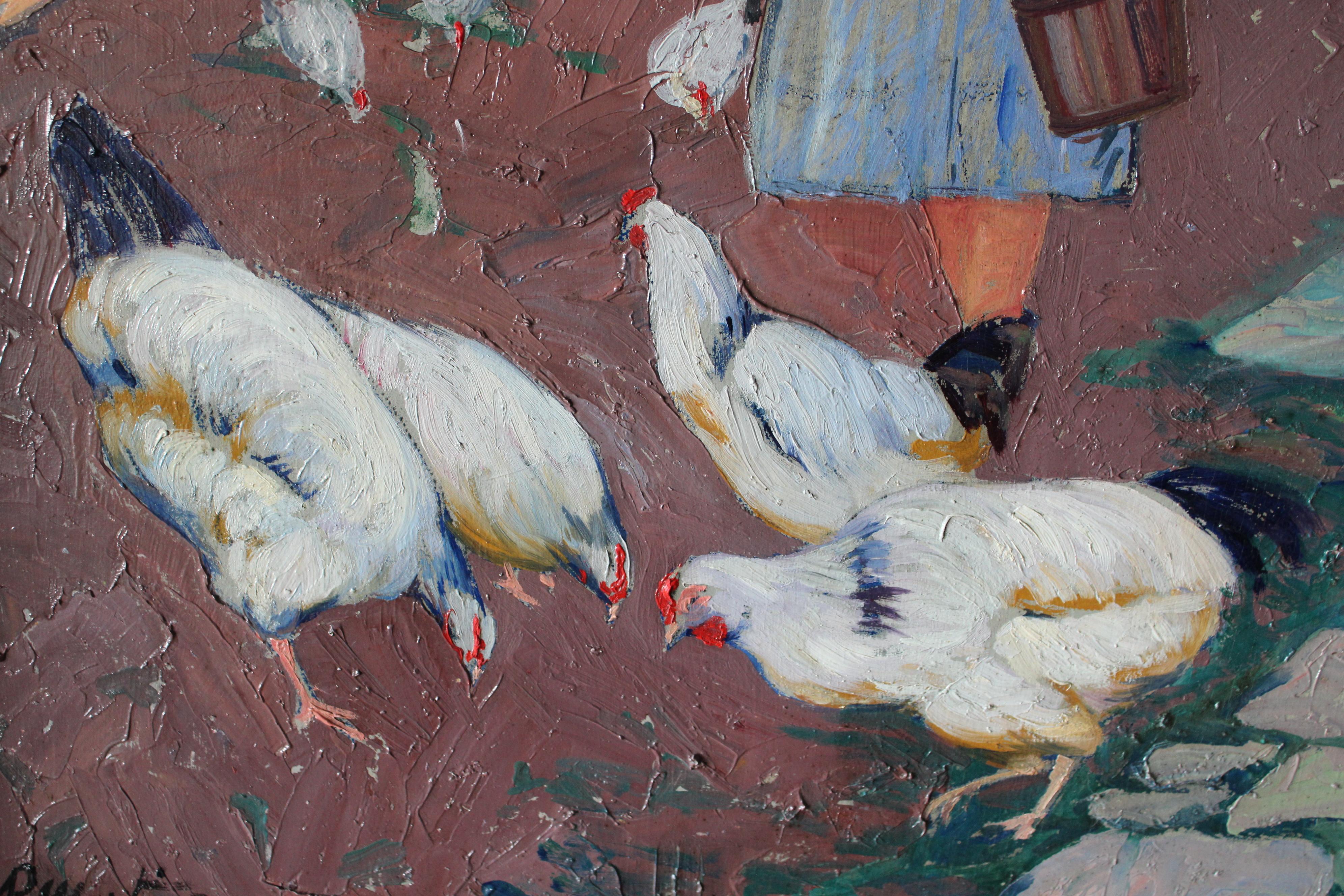 Peinture à l'huile figurative d'un paysage vintage, femme nourrissant des poulets en vente 1