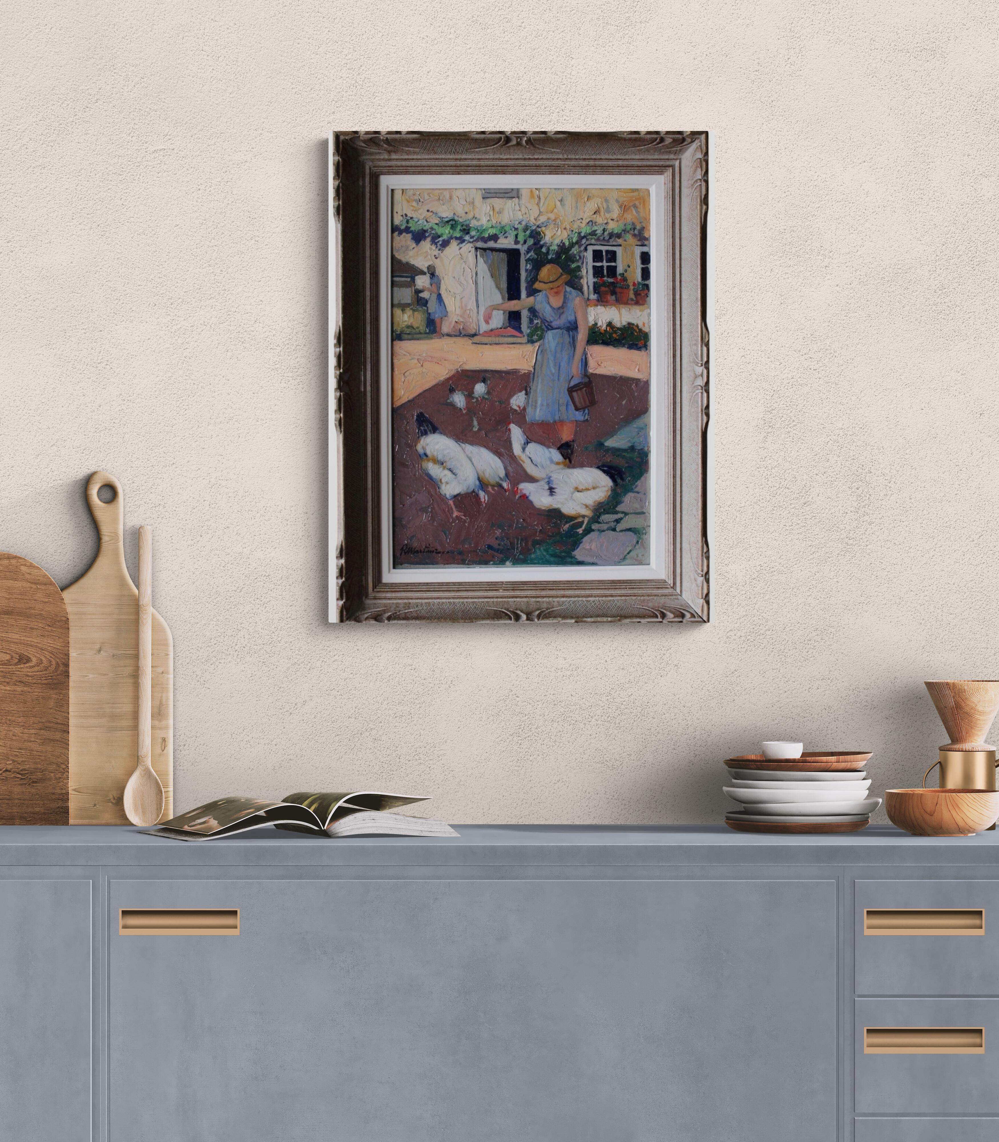 Peinture à l'huile figurative d'un paysage vintage, femme nourrissant des poulets en vente 3