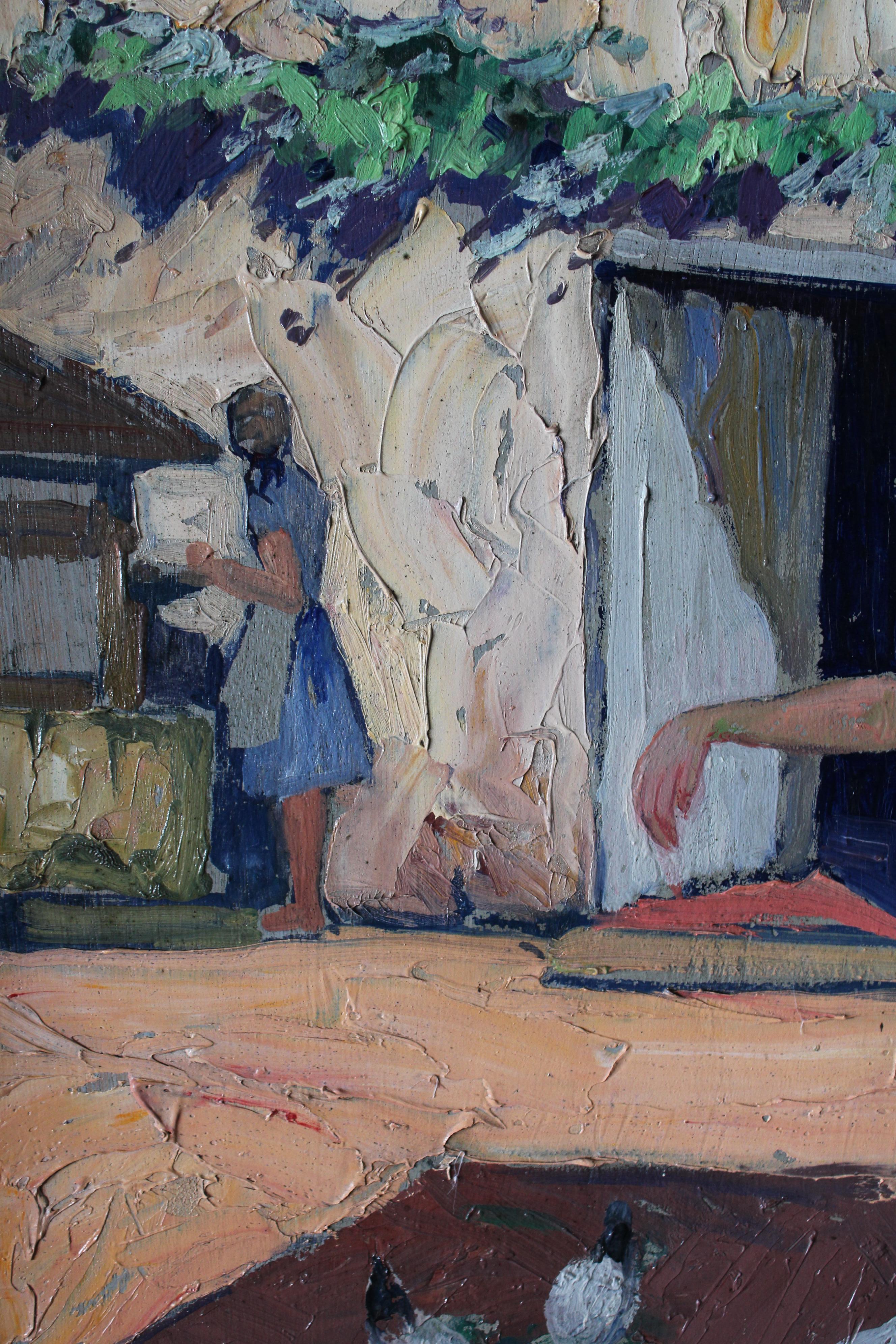 Peinture à l'huile figurative d'un paysage vintage, femme nourrissant des poulets en vente 4