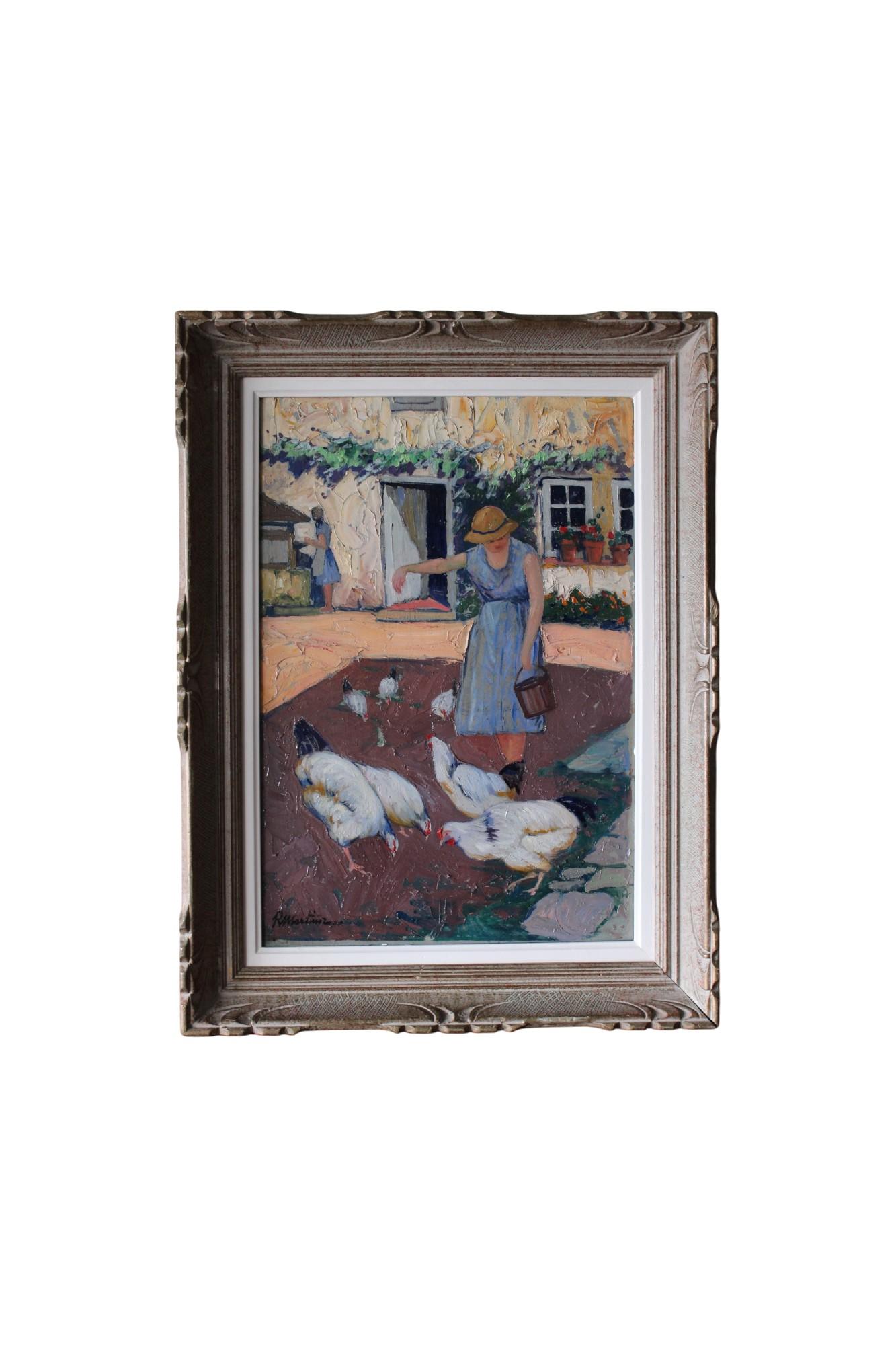 Vintage Landscape Oil Painting figurative farmyard art woman feeding chickens