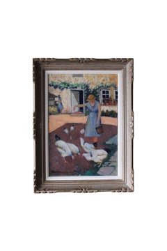 Peinture à l'huile figurative d'un paysage vintage, femme nourrissant des poulets