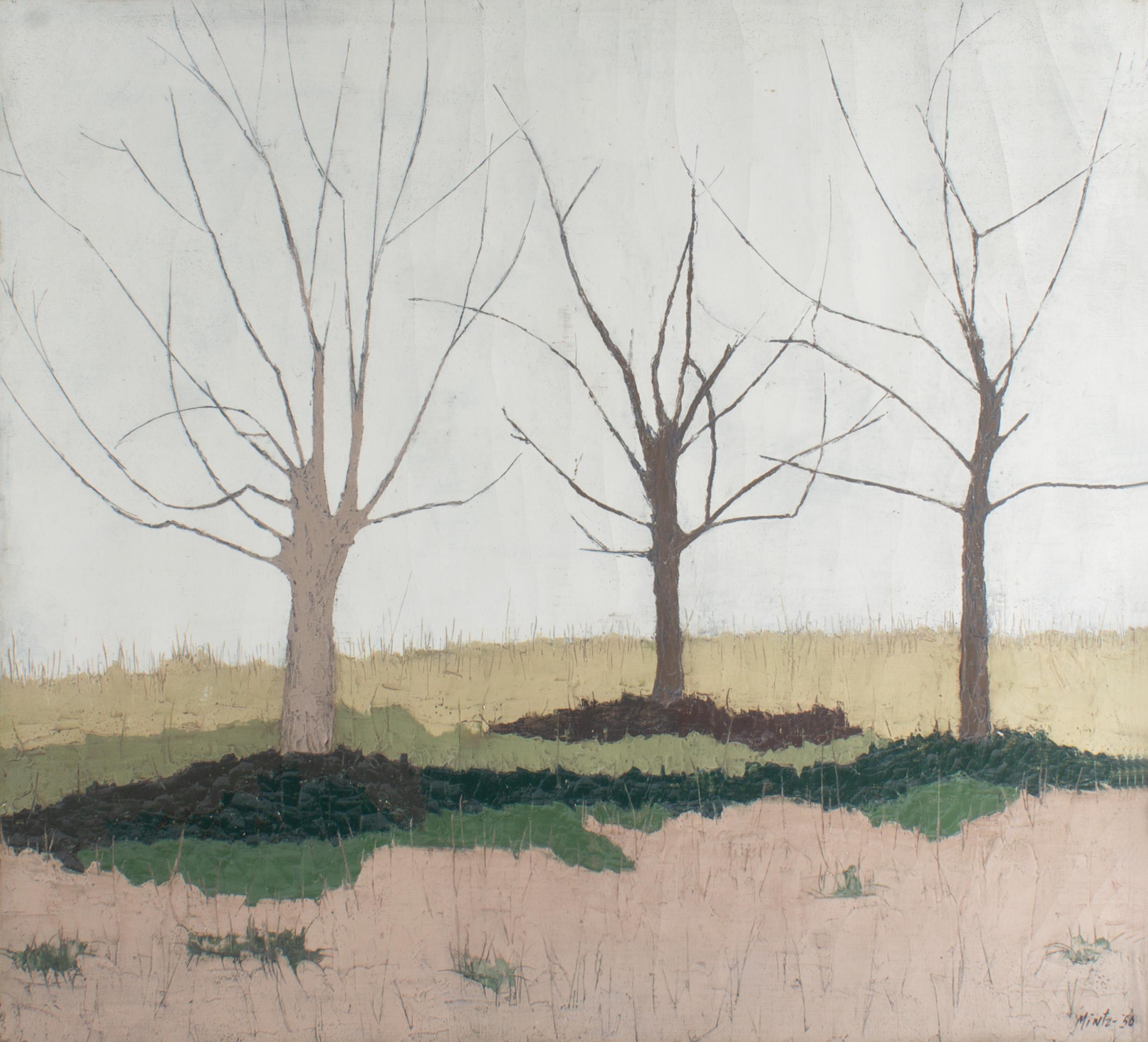 A 1956 abstract oil on canvas board painting of a landscape by American artist Raymond Mintz (1925-2008). Presented in a wood frame, the painting depicts three sparse trees upon a parcel of ground. The trees rise from grassy earth and are grounded