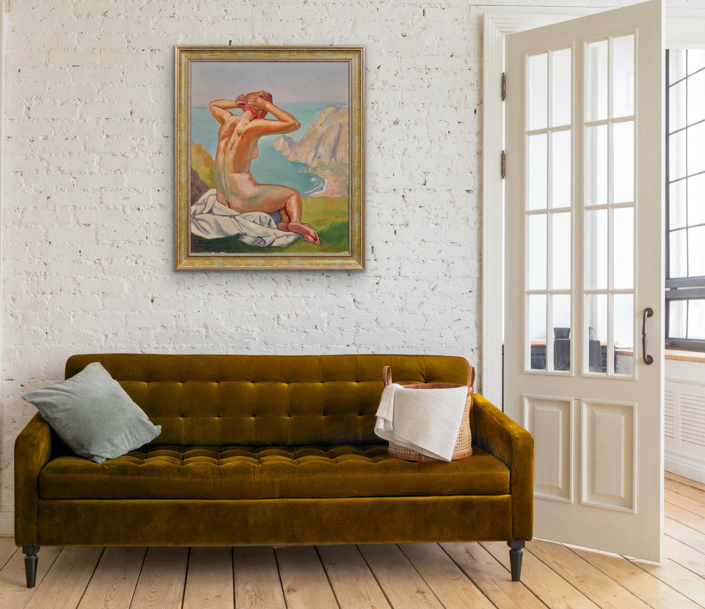 A Liberated Lady On The Cliffs Nude Sunbathing Framed 1920s French Oil Painting For Sale 12