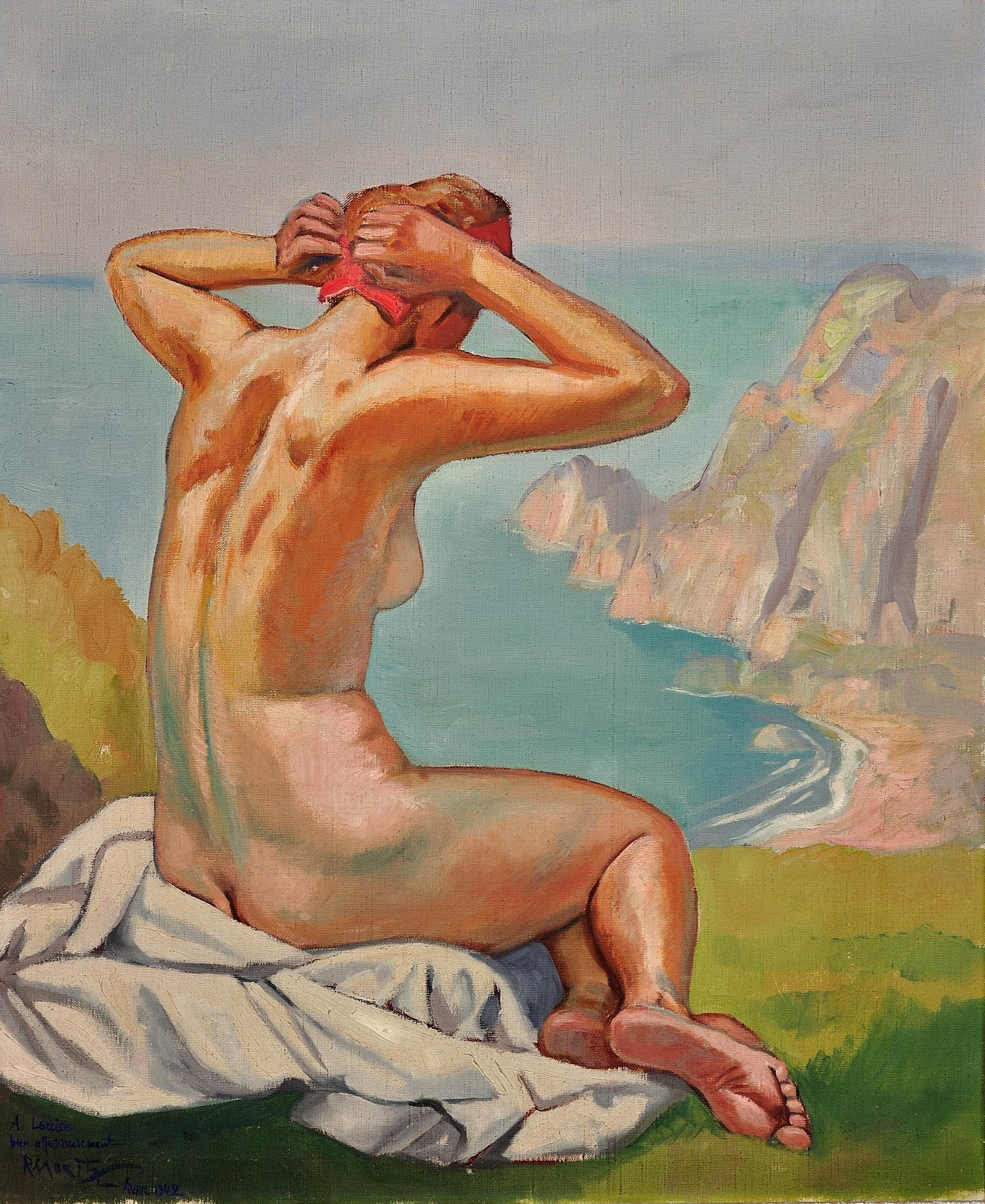 The Lady of the Cliffs, 1927. Nude Clifftop Sunbathing. French Arts Décoratifs. - Painting by Raymond Moritz