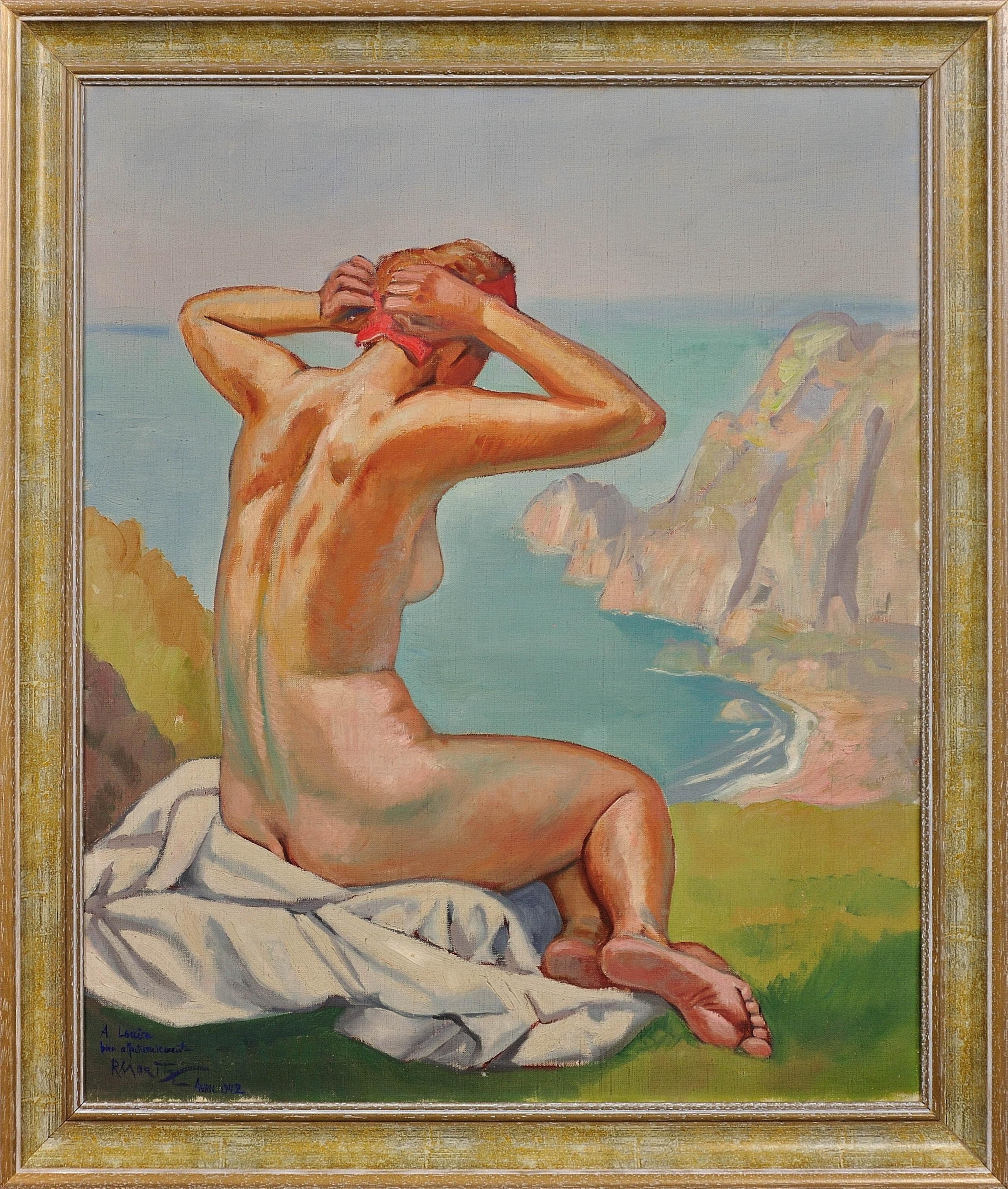 Nude Painting Raymond Moritz - La dame des Cliffs, 1927. Bains de soleil nus sur les falaises. Arts décoratifs français.