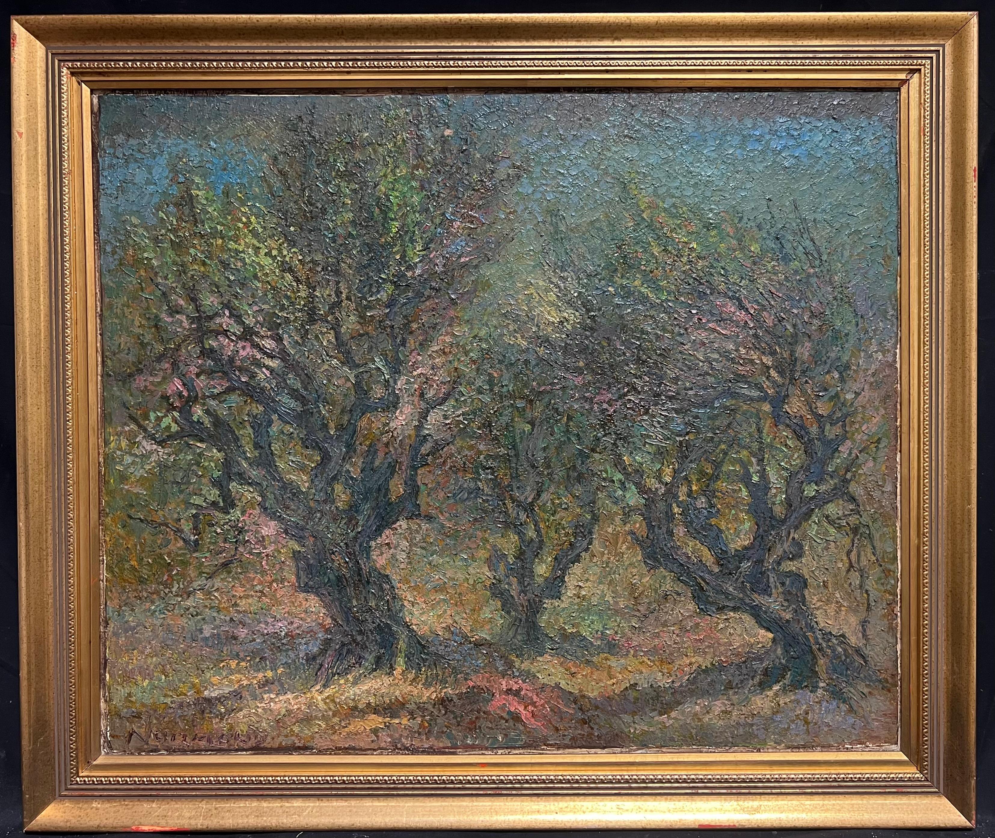 Pittura a olio post impressionista Oliveti con cielo blu Pittura francese - Painting di Raymond Normand