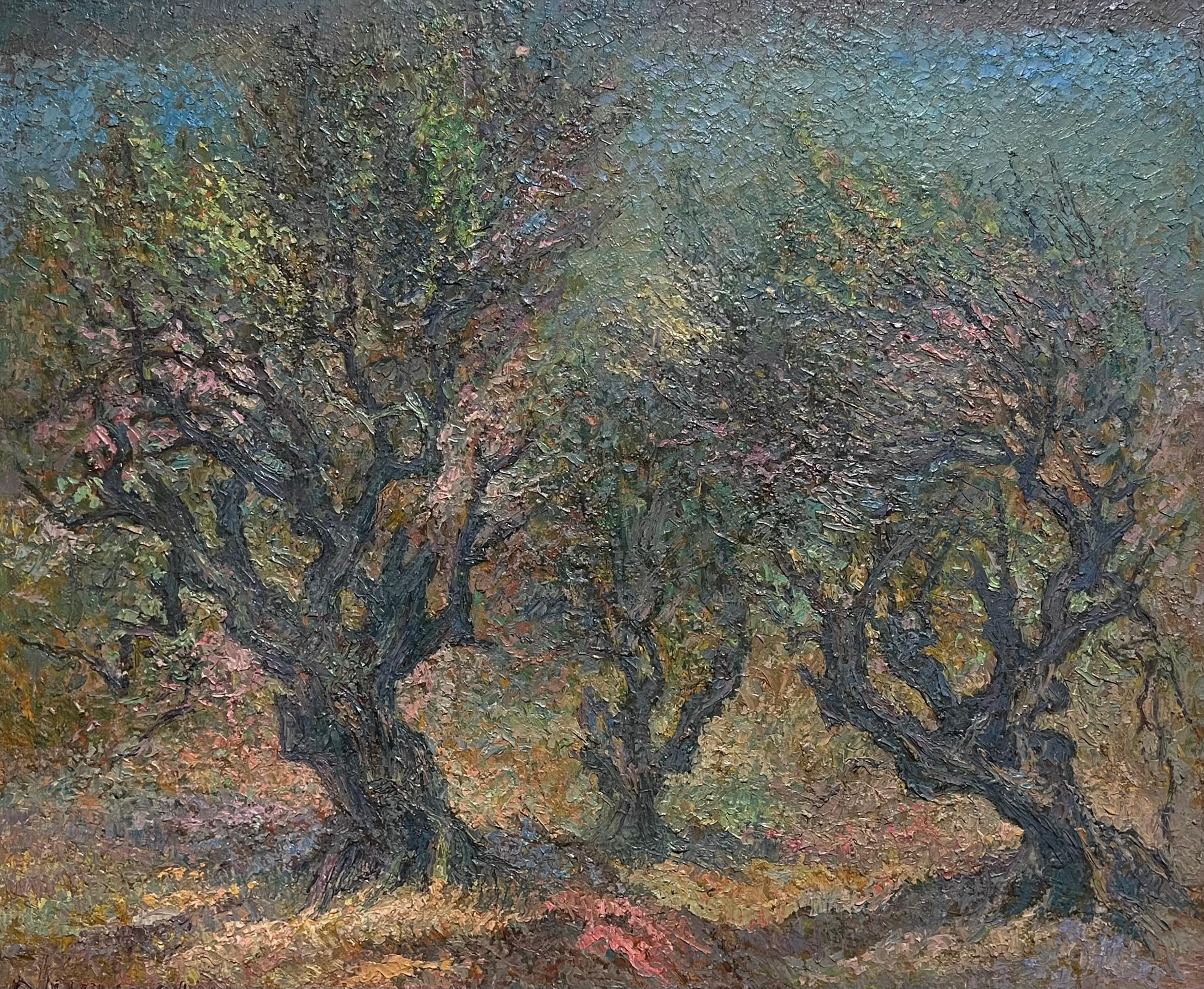 Pittura a olio post impressionista Oliveti con cielo blu Pittura francese - Painting Postimpressionismo di Raymond Normand