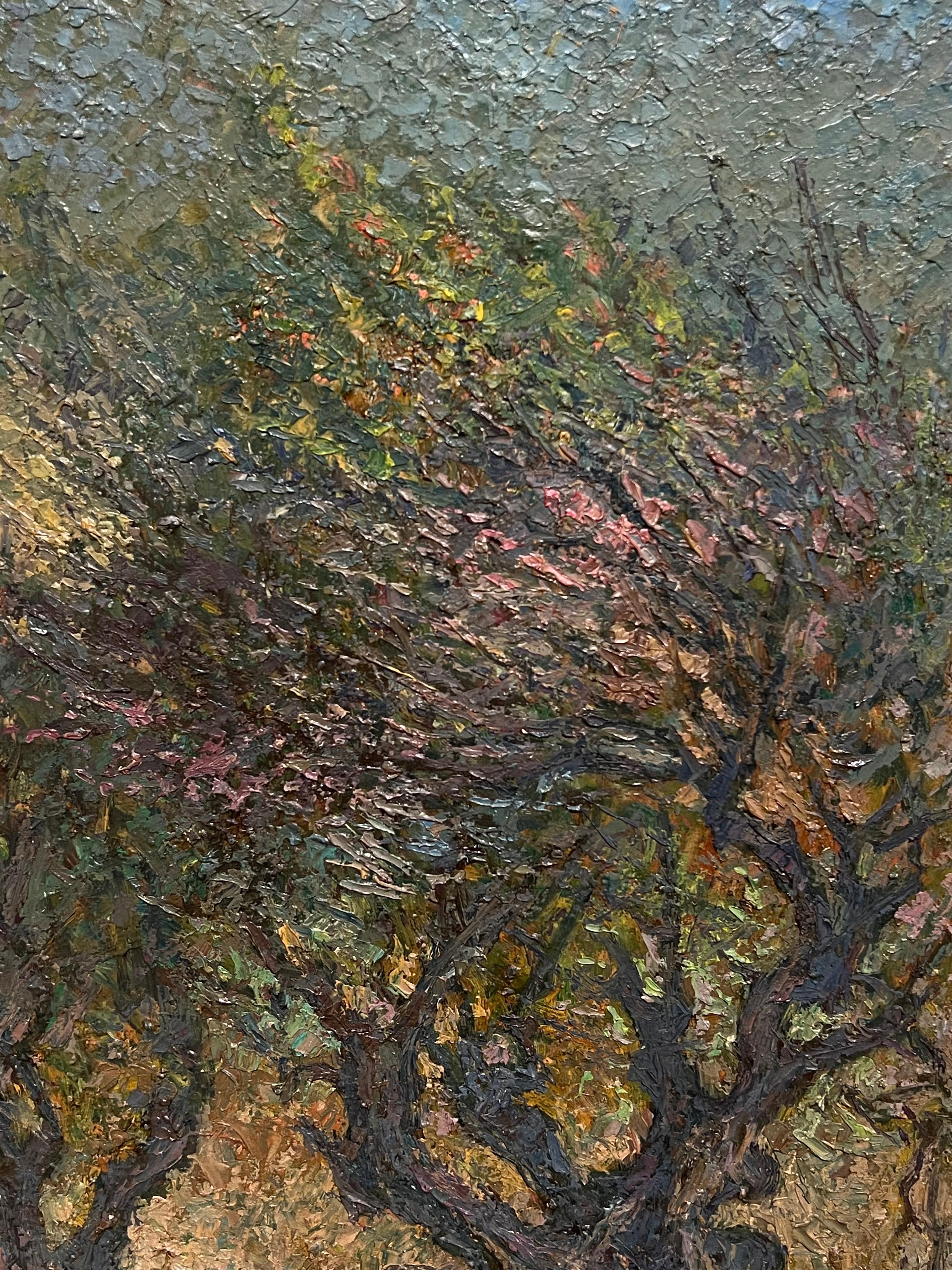 Pittura a olio post impressionista Oliveti con cielo blu Pittura francese - Landscape Painting Grigio di Raymond Normand
