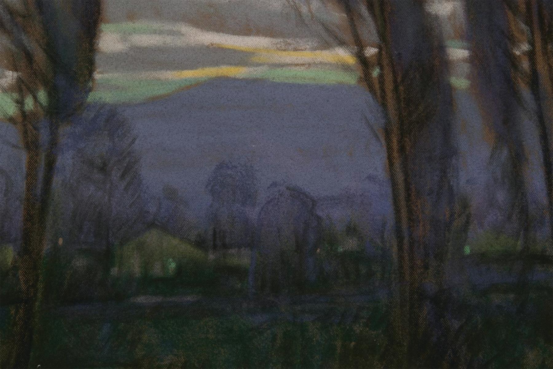 Nebbia al tramonto, paesaggio montano serale dei primi del Novecento - Landscape Painting Nero di Raymond Nott
