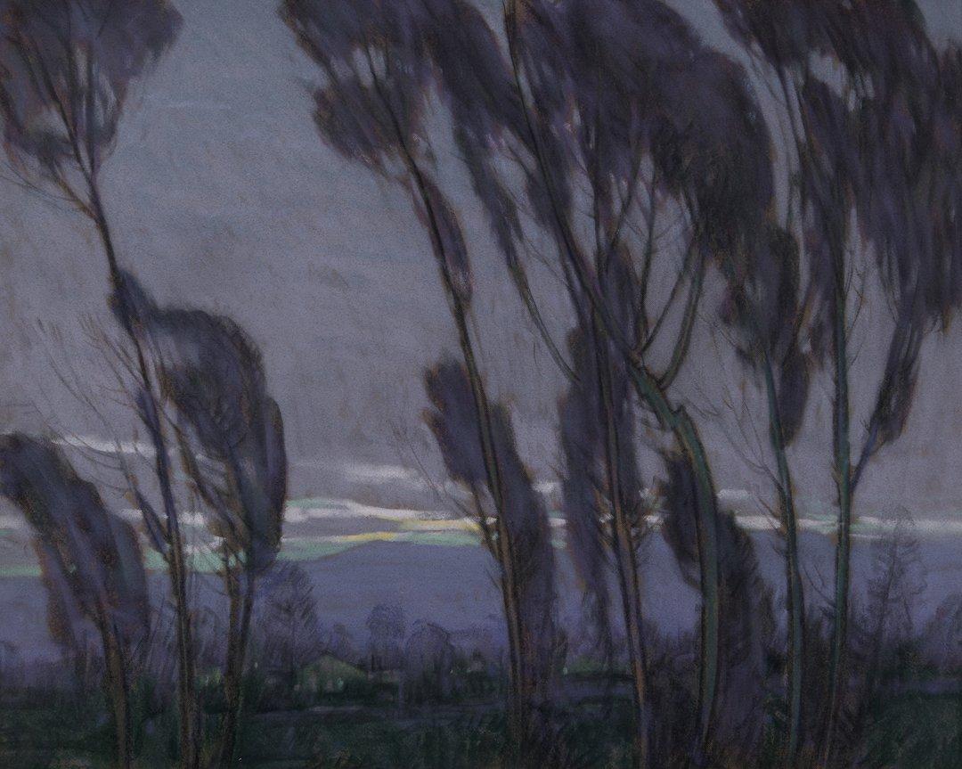 Landscape Painting di Raymond Nott - Nebbia al tramonto, paesaggio montano serale dei primi del Novecento