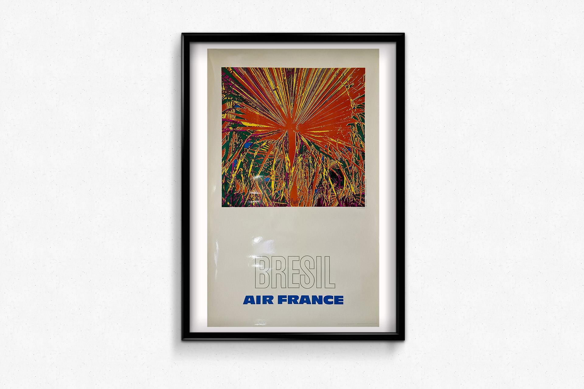 Das Original-Reiseplakat von Pagès für Air France aus dem Jahr 1971, das für Reisen nach Brasilien wirbt, ist ein lebendiger Ausdruck des wachsenden Enthusiasmus für globale Entdeckungen in den frühen 1970er Jahren. Im Zuge der Ausweitung der Air