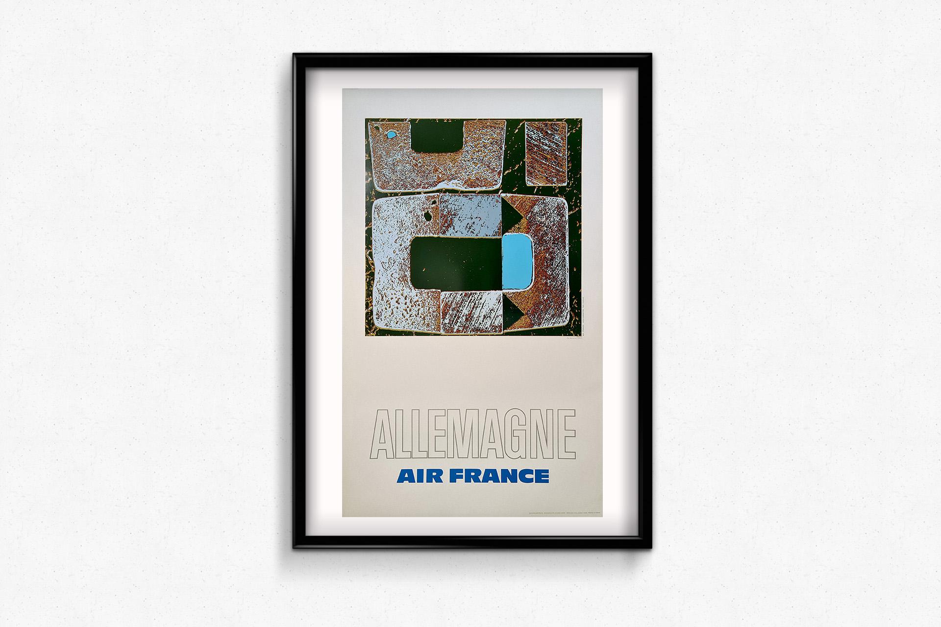 Il manifesto di viaggio originale di Pagès del 1971 per Air France che promuove i viaggi in Germania è un'impressionante rappresentazione di una destinazione che unisce un passato ricco di storia a un presente dinamico. Mentre Air France continuava