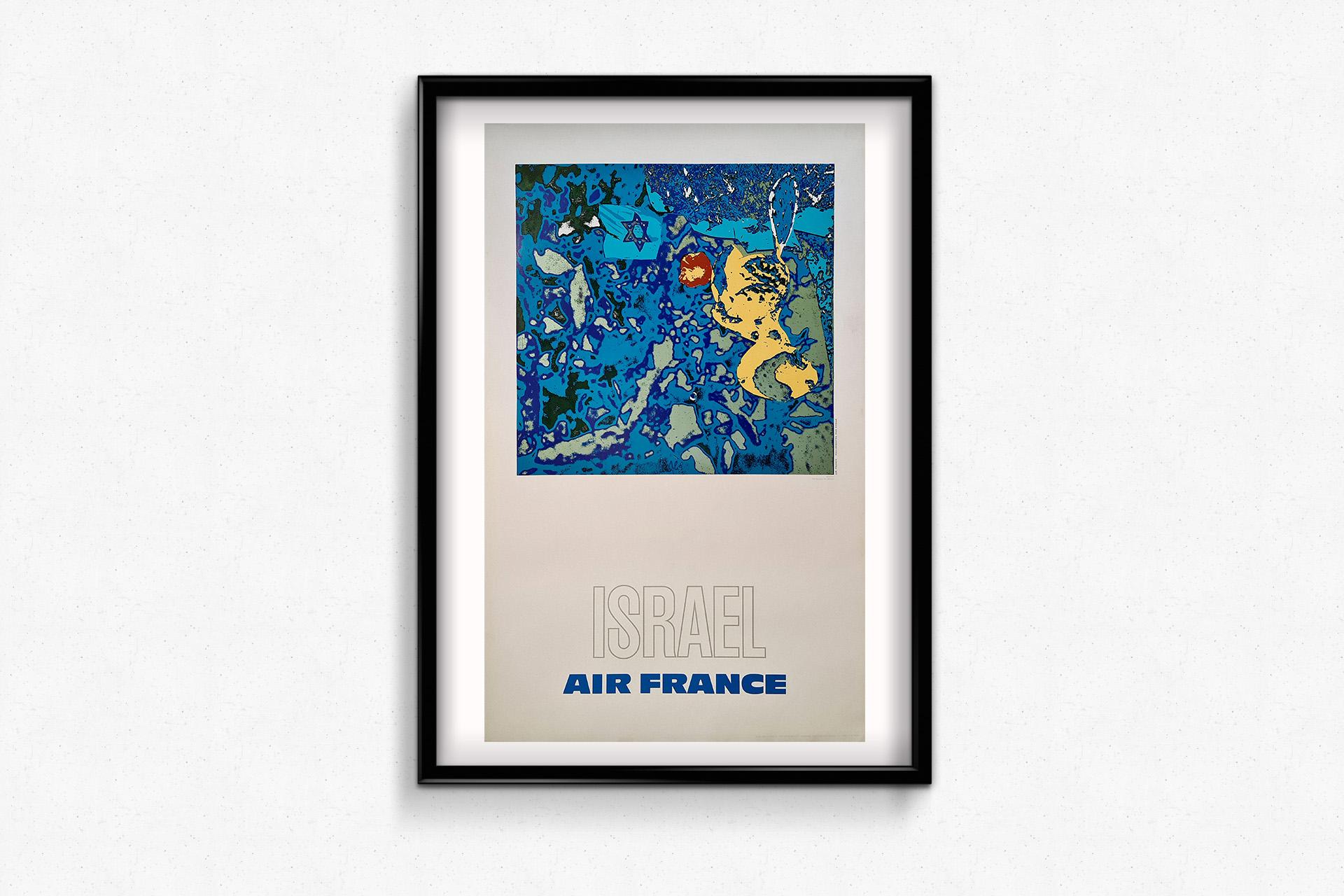 Das Original-Reiseplakat von Pagès für Air France aus dem Jahr 1971, das für Reisen nach Israel wirbt, ist ein fesselndes Werk, das das aufkeimende Interesse an internationalen Reisen in den frühen 1970er Jahren widerspiegelt. Als ein Reiseziel, das