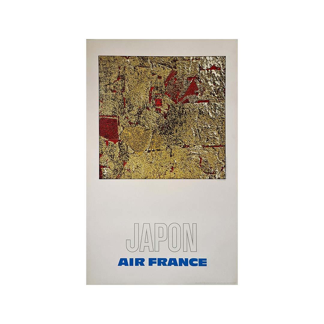 Das Original-Reiseplakat von Pagès für Air France aus dem Jahr 1971, das für Reisen nach Japan wirbt, ist eine fesselnde Mischung aus modernem Design und kultureller Symbolik, die Reisende zur Entdeckung der reichen und vielfältigen Landschaften