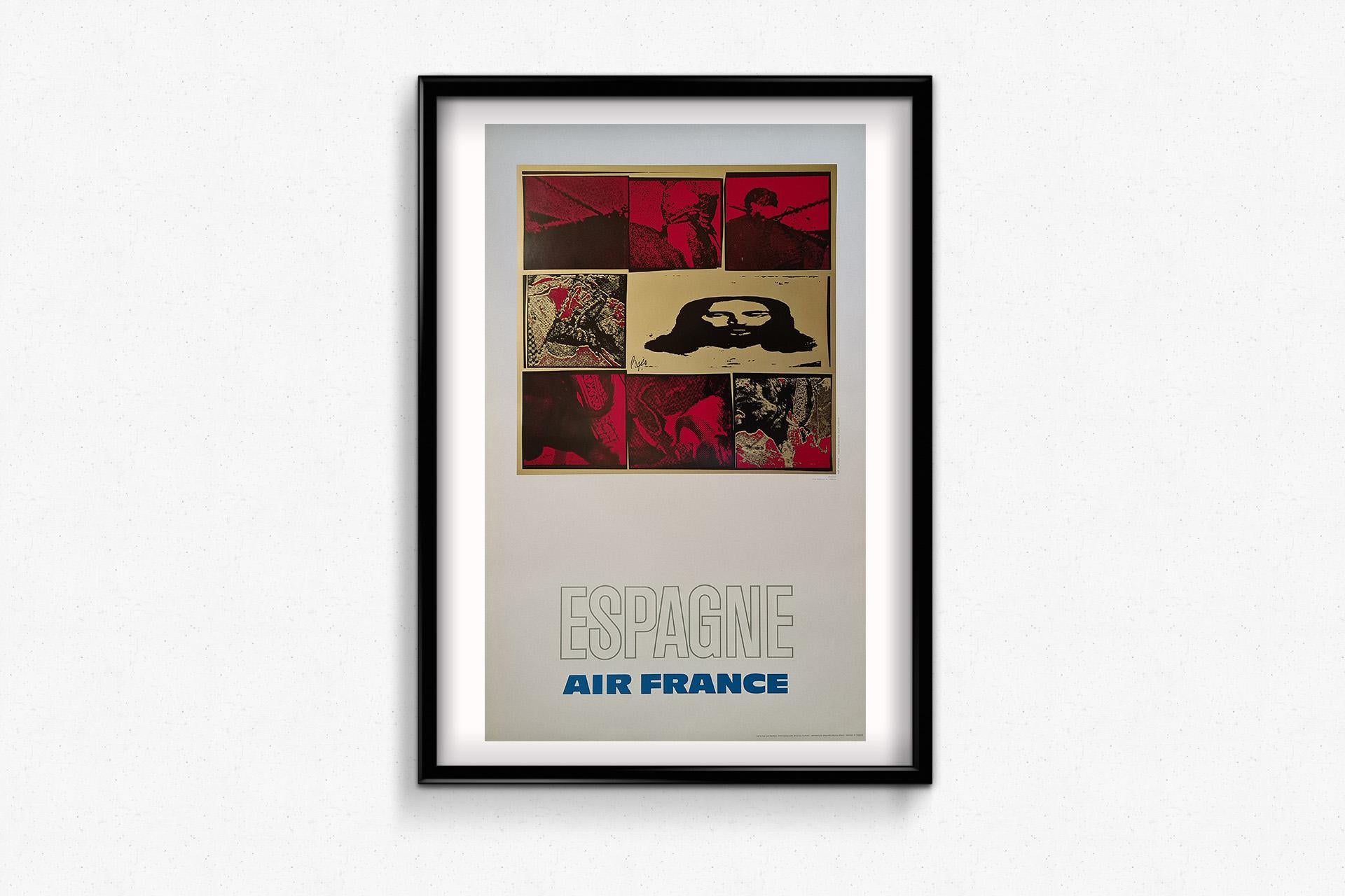 Das Original-Reiseplakat von Pagès für Air France aus dem Jahr 1971, das für Reisen nach Spanien wirbt, ist eine lebendige Hommage an ein Land, das für sein reiches kulturelles Erbe, seine vielfältigen Landschaften und seine lebendigen Traditionen