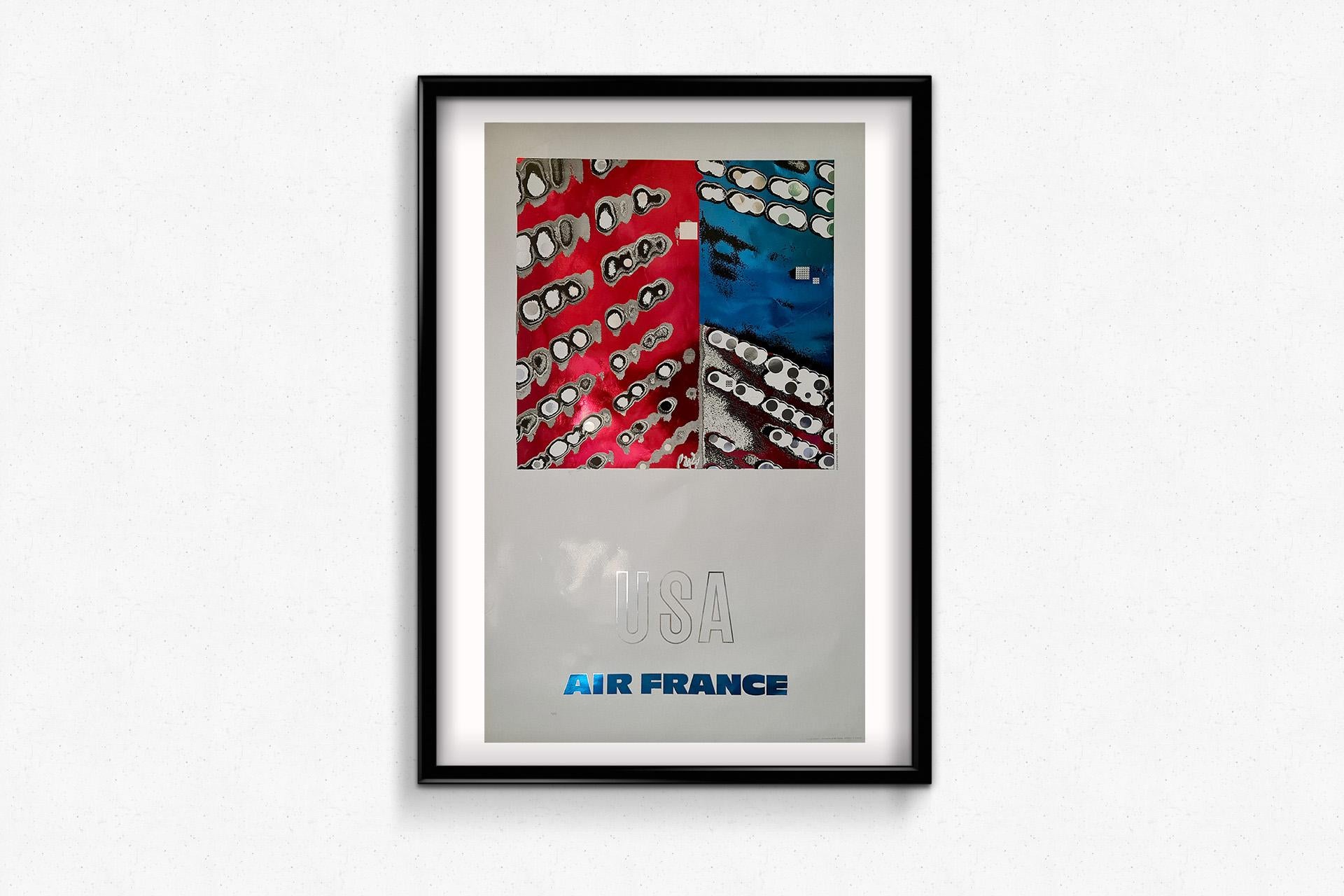 The 1971 original travel poster by Pagès for Air France promoting travel to the USA is a striking example of mid-20th century travel advertising, blending bold design with a modernist aesthetic to capture the excitement and allure of international