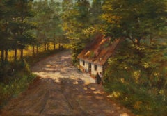 Raymond Pallier - Framed Early 20th Century Oil, Conversing by the Cottage