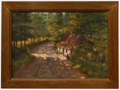 Raymond Pallier - Framed Early 20th Century Oil, Conversing by the Cottage