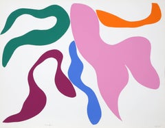 Grand sérigraphie abstrait coloré en soie de Raymond Parker