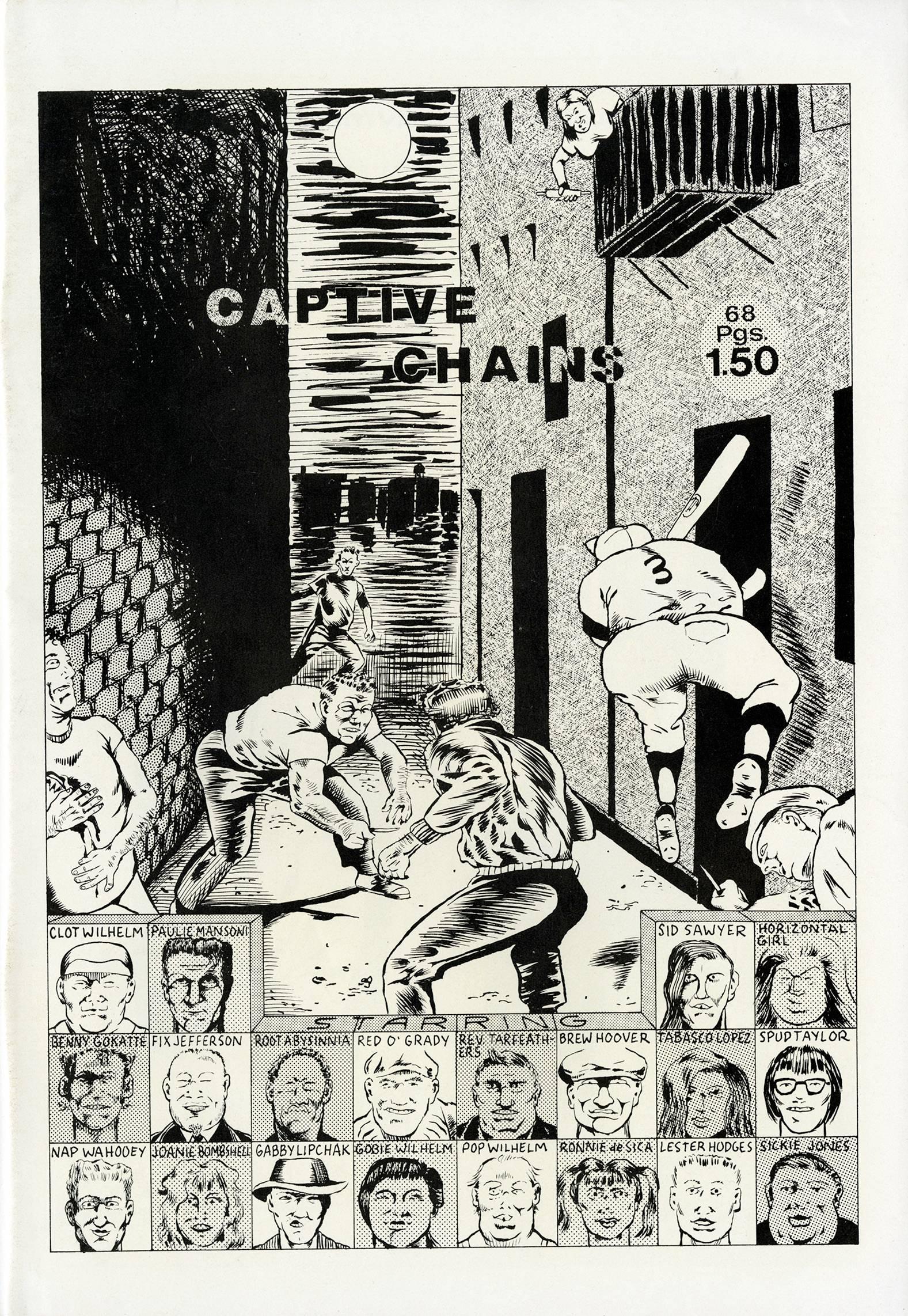 Raymond Pettibon Captive Chains, 1978:
Pettibons gut dokumentiertes erstes Künstlerbuch, das kürzlich vollständig im New Museum in New York ausgestellt wurde, gilt weithin als wegweisend für die Entwicklung des Stils und der Themen des Künstlers. 