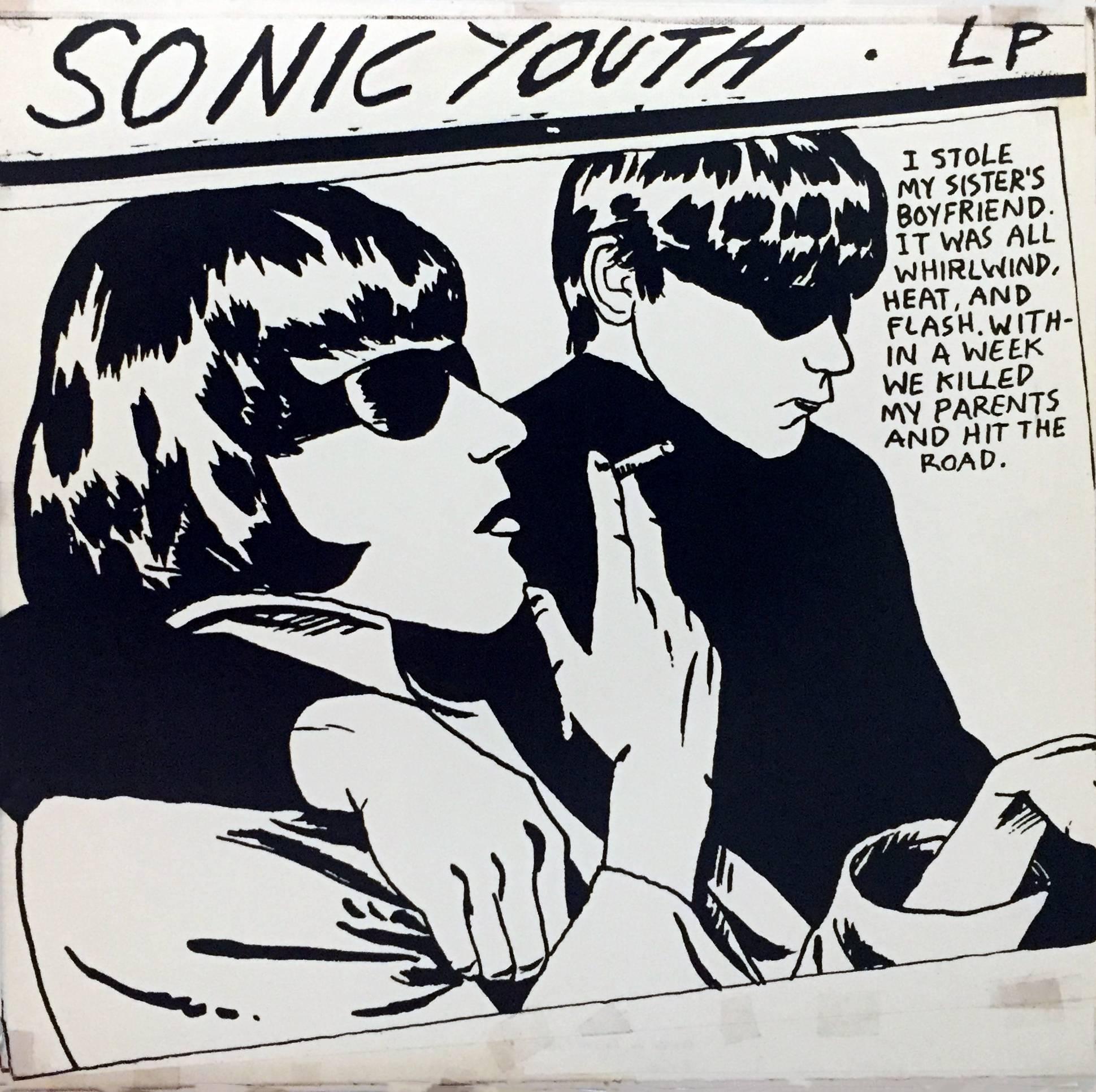 Raymond Pettibon La pochette de disque de Sonic Youth :
Sonic Youth Goo ; première impression européenne originale, 1990

La plus emblématique de toutes les images liées à la musique de Pettibon, ainsi que l'une des pochettes de disques les plus