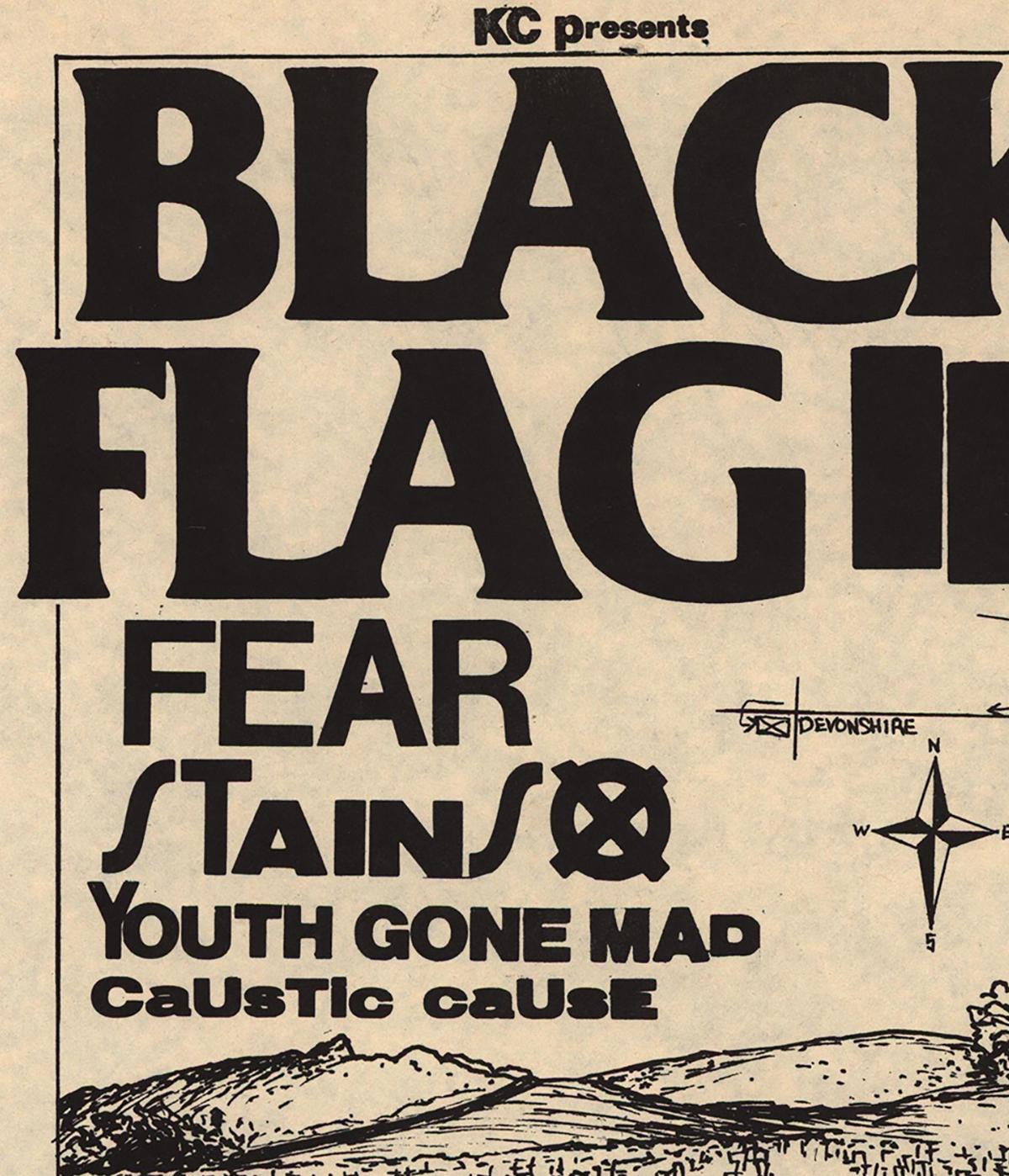 Raymond Pettibon Black Flag, 1981: 
Rare early Raymond Pettibon Black Flag Punk Flyer - illustrated by Pettibon on the occasion of: Black Flag, Stains, Youth Gone Mad, Caustic Cause, Fear at Devonshire Downs, Sep 11, 1981. An exceptionally rare,