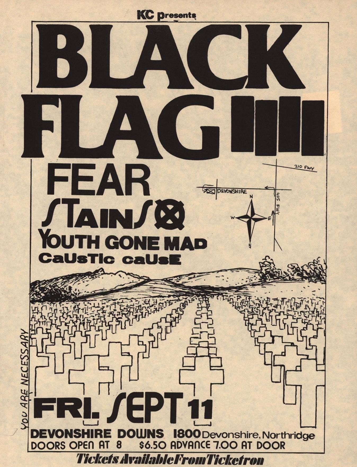 Raymond Pettibon Black Flag, 1981 : 
Rare flyer Black Flag Punk de Raymond Pettibon - illustré par Pettibon à l'occasion de : Black Flag, Stains, Youth Gone Mad, Caustic Cause, Fear at Devonshire Downs, 11 septembre 1981. Un exemplaire