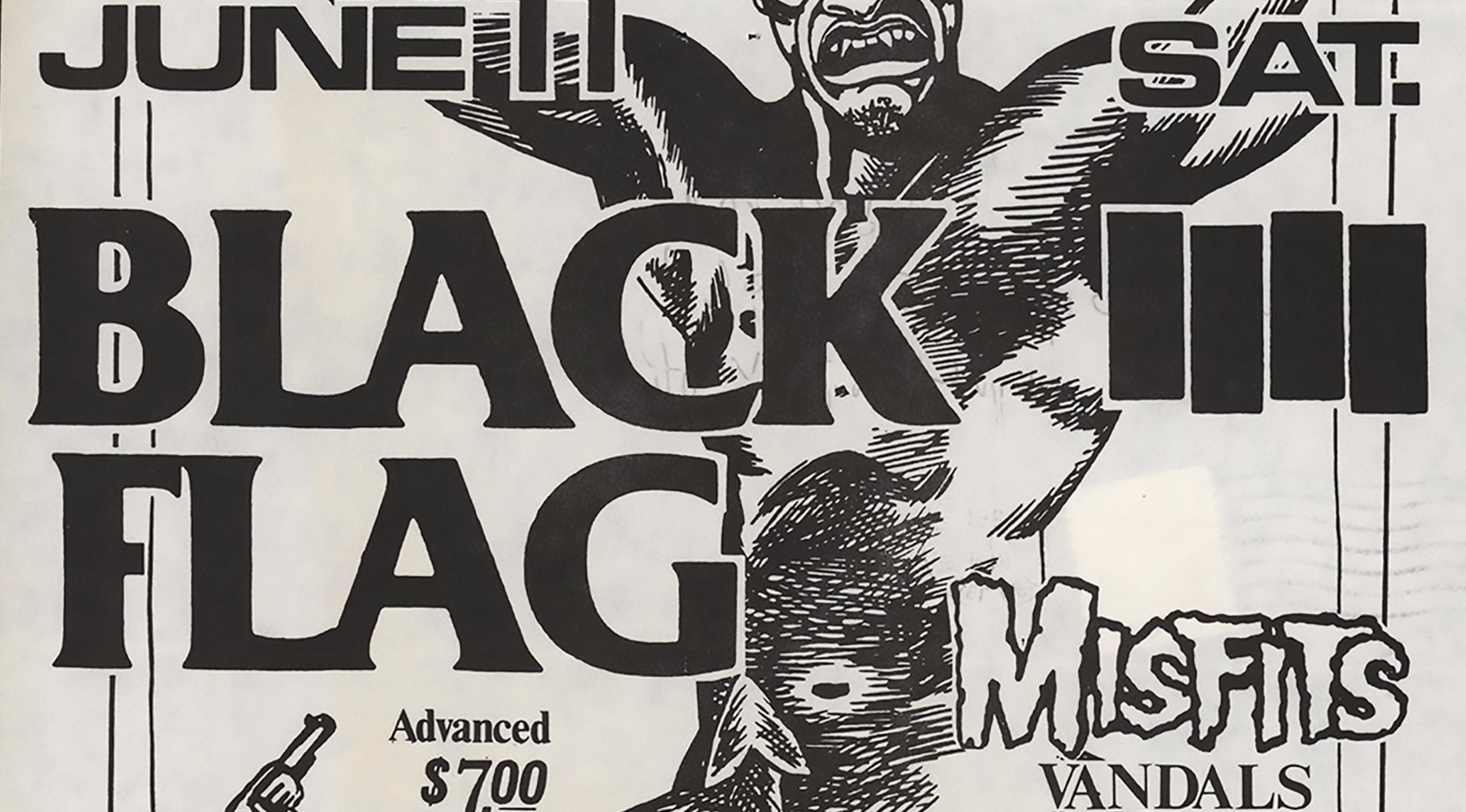 Raymond Pettibon: Rare early Black Flag punk flyer: 
Black Flag Santa Monica Civic Auditorium, Jun 11, 1983. Santa Monica, CA.   Flyer / handbill for gig by Black Flag, Misfits, Vandals featuring artwork by Pettibon. Post-marked 1983 on verso; rare