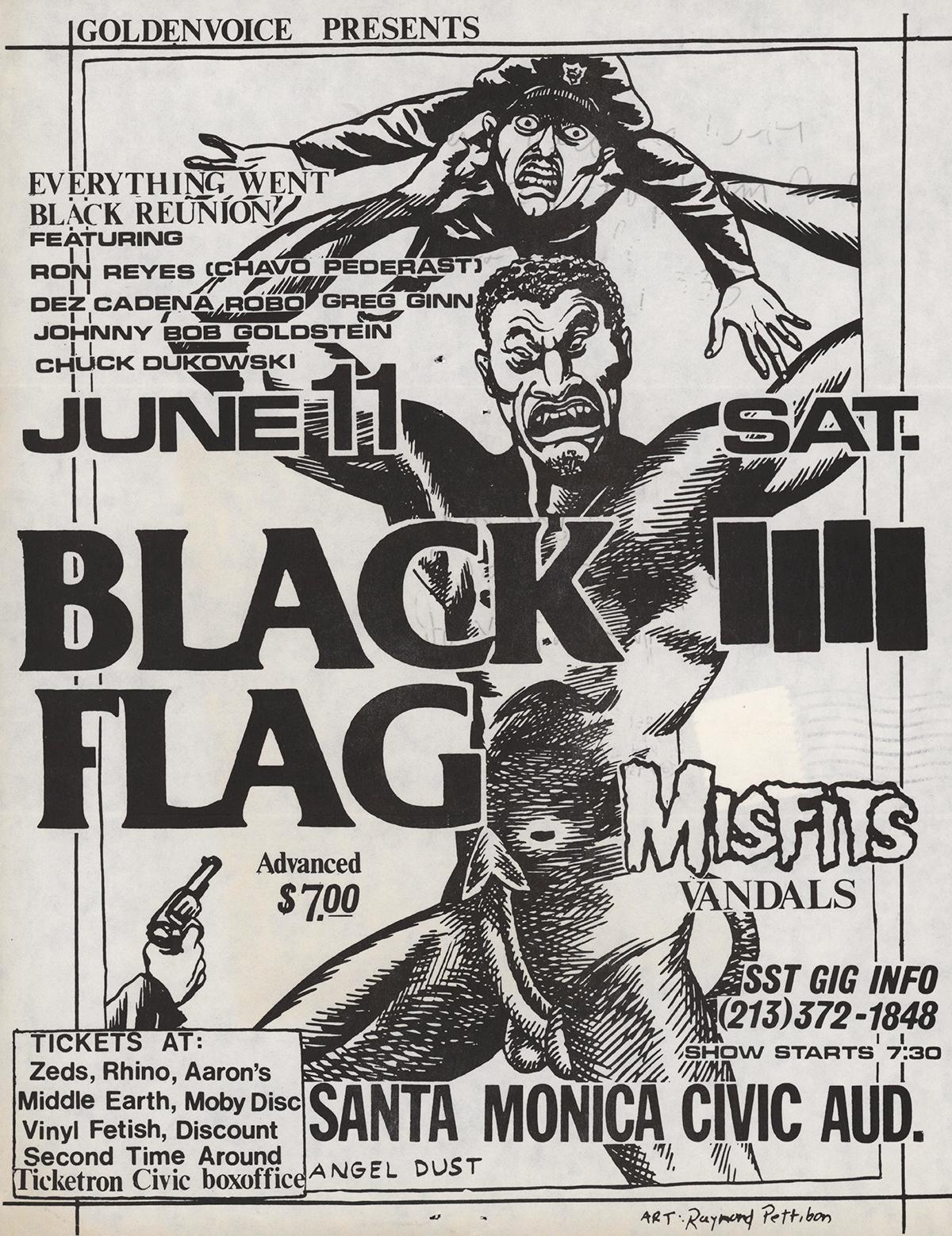 Raymond Pettibon: Seltener früher Black Flag Punk-Flyer: 
Black Flag Santa Monica Civic Auditorium, 11. Juni 1983. Santa Monica, CA.   Flyer/Handzettel für ein Konzert von Black Flag, Misfits, Vandals mit einem Kunstwerk von Pettibon. Rückseitig mit
