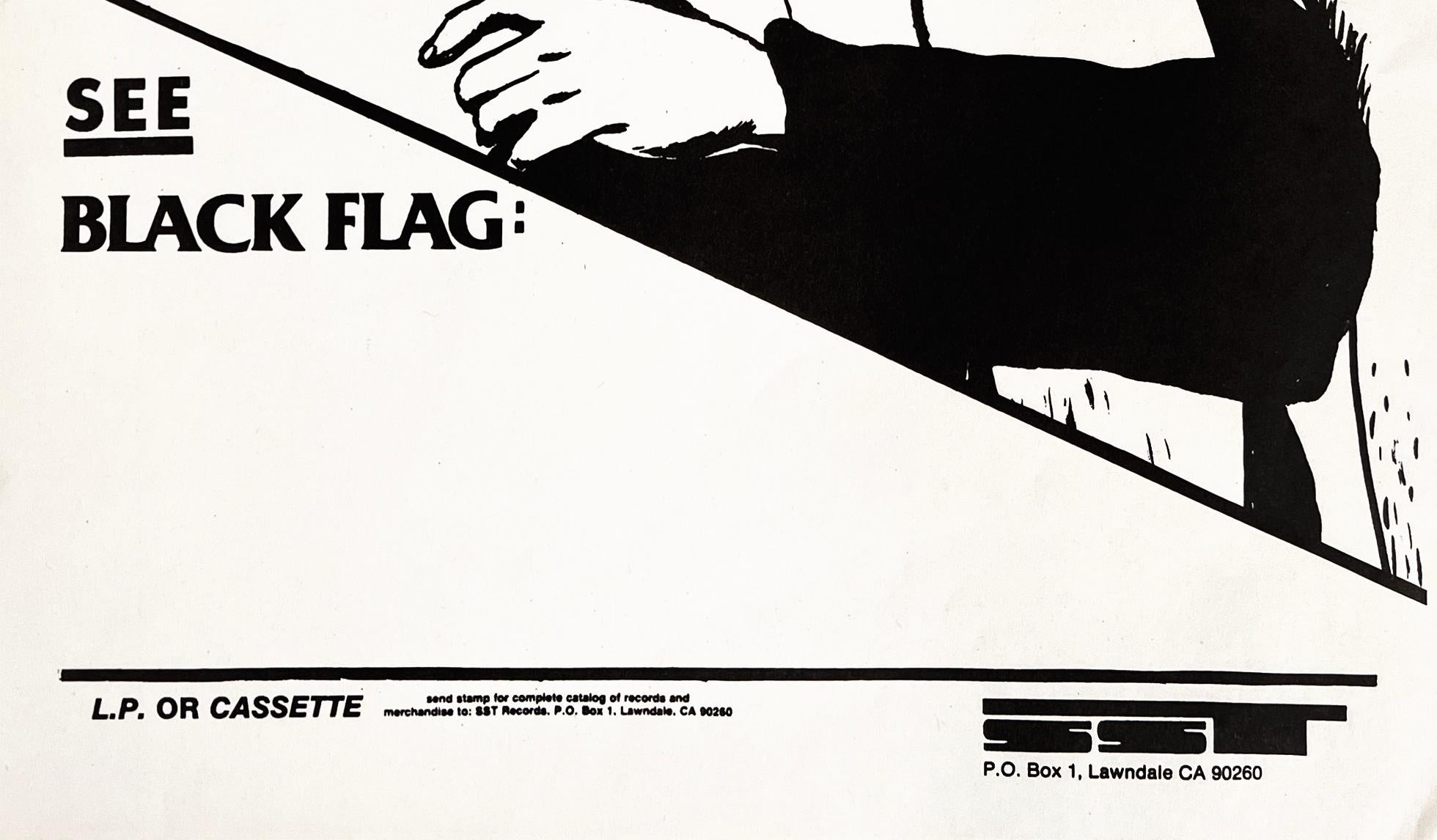 Raymond Pettibon Black Flag:
Rare 1984 Raymond Pettibon illustrated Black Flag promotional flyer published to advertise the release of the Black Flag album 'Slip It In'.

Offset printed; 17 x 11 inches. 1984.
Condition: Minor signs of handling;