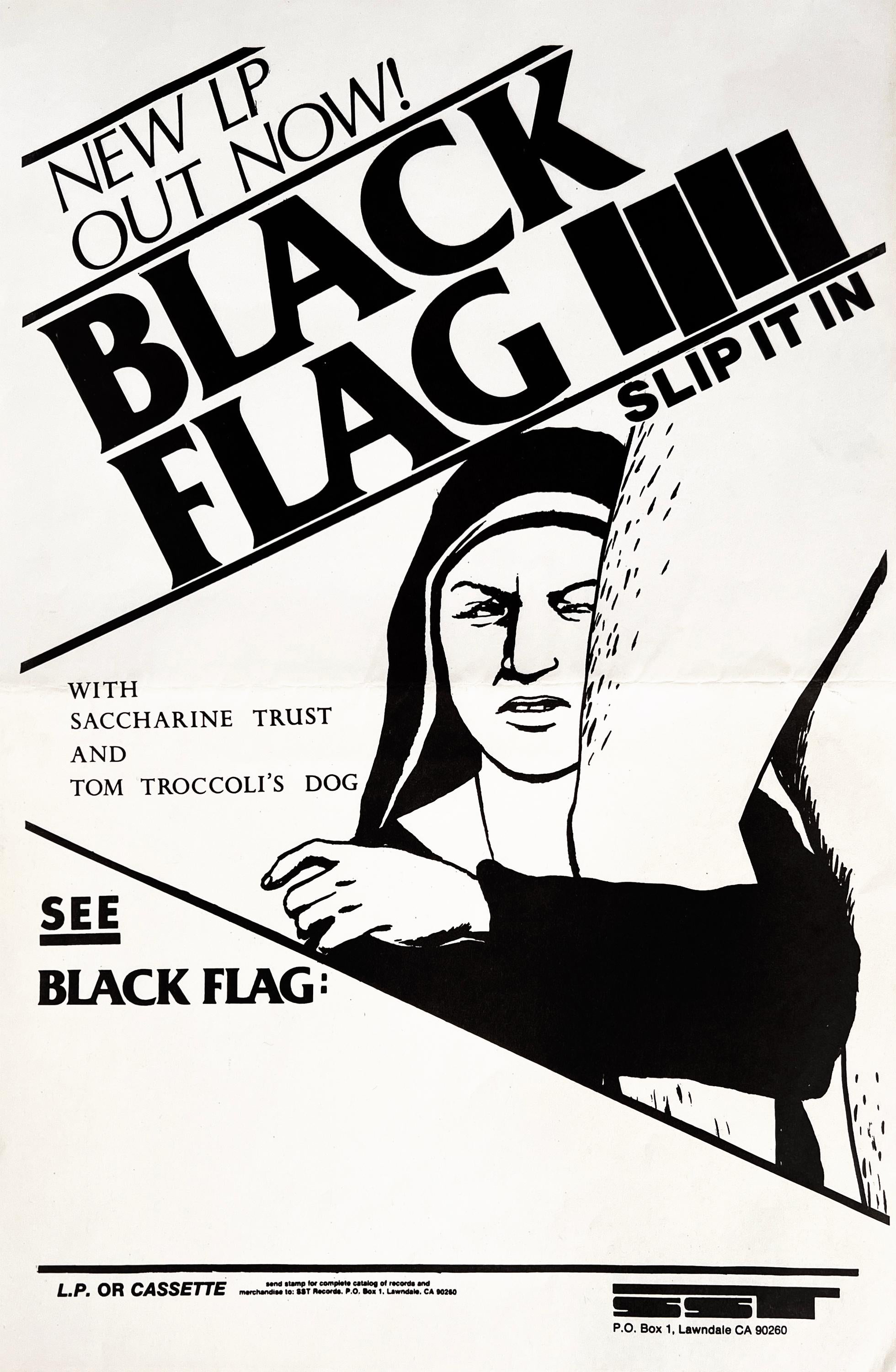 Raymond Pettibon Schwarze Flagge:
Seltener, von Raymond Pettibon illustrierter Werbeflyer von Black Flag aus dem Jahr 1984, mit dem die Veröffentlichung des Black Flag-Albums "Slip It In" beworben wurde.

Offsetdruck; 17 x 11 Zoll. 1984.
Zustand: