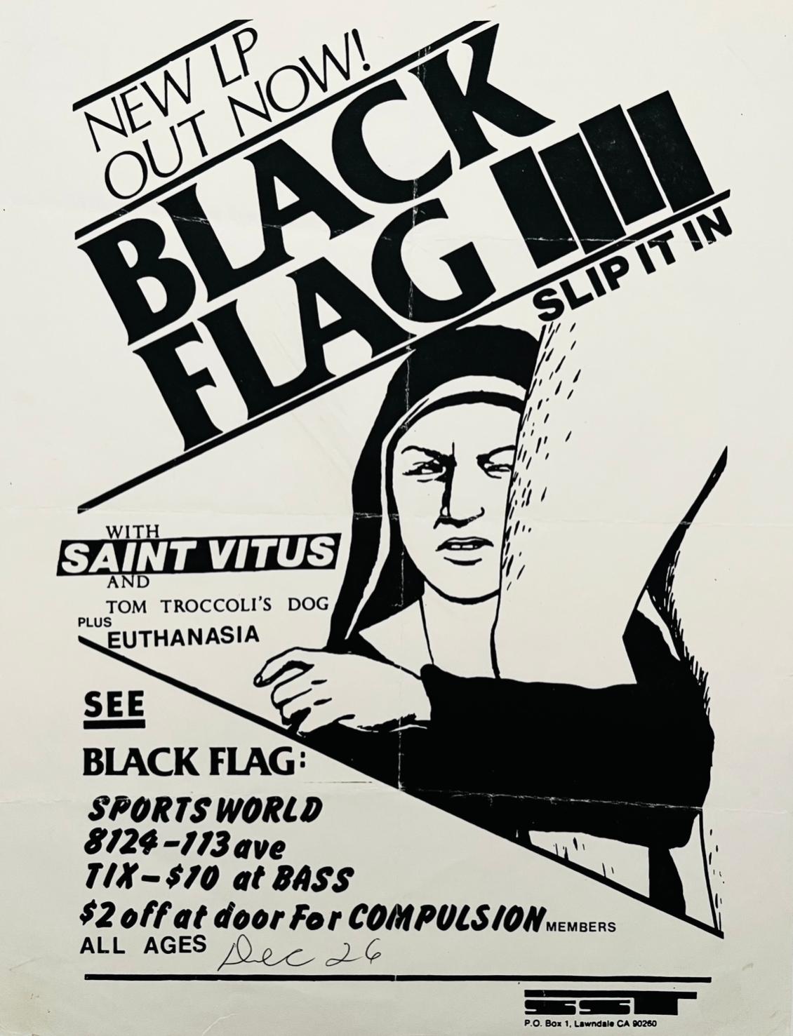Raymond Pettibon Black Flag:
Rare 1984 Raymond Pettibon illustrated Black Flag promotional flyer published to advertise the release of the Black Flag album 'Slip It In'.

Offset printed; 8.5 x 11 inches. 1984.
Fair overall vintage condition.