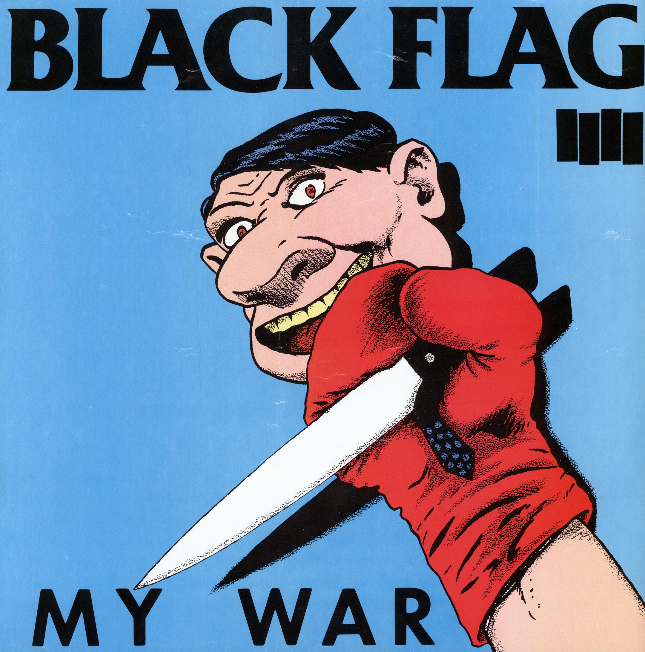 Raymond Pettibon Black Flag 1984: 
Rare early 1980's Black Flag promotional poster illustrated by Raymond Pettibon for the seminal Black Flag record: My War. A striking, historic 1980s Raymond Pettibon Black Flag poster sure to standout in any