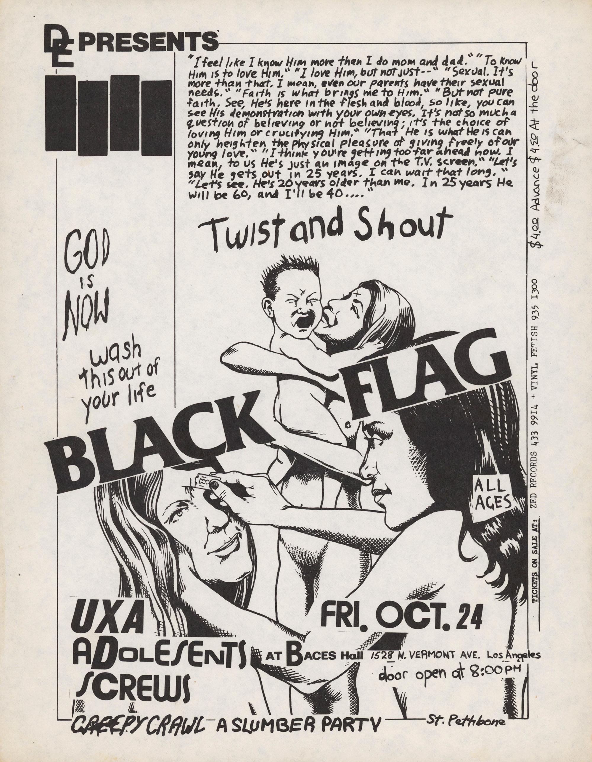 Raymond Pettibon illustrated Black Flag flyer New York City 1981:
Rare early 1980s Punk flyer illustrated by Pettibon to advertise one of Black Flag’s first ever East Coast shows held at the Peppermint Lounge, New York, NY: March 14, 1981.

Flea,