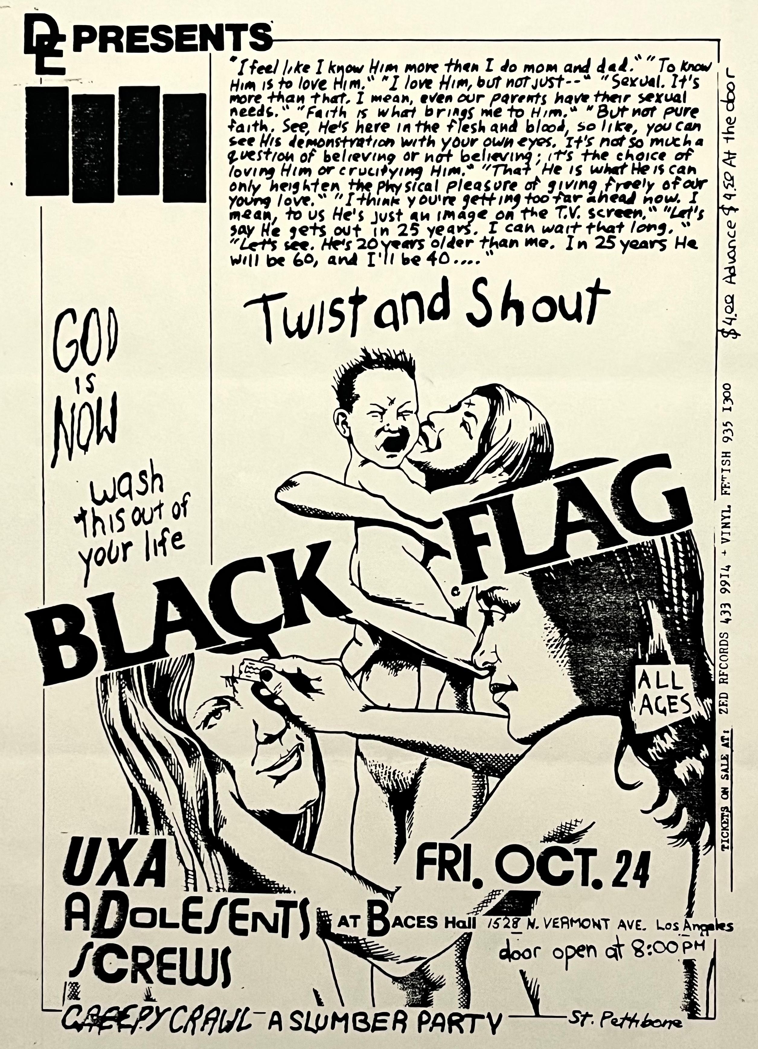 Tract illustré de Raymond Pettibon pour Black Flag, New York City 1981 :
Rare flyer punk du début des années 1980 illustré par Pettibon pour annoncer l'un des premiers concerts de Black Flag sur la côte Est, au Peppermint Lounge, New York, NY : 14