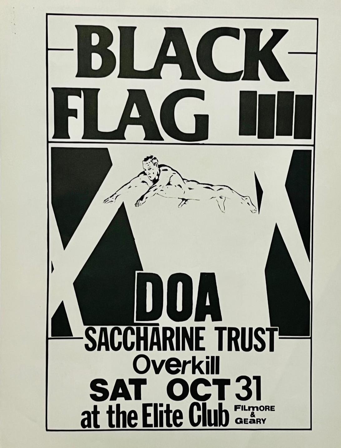 Raymond Pettibon illustrated Black Flag flyer published on the occasion of:  Black Flag at the Elite Club, Oct. 31 1981; with D.O.A., Saccharine Trust, & Overkill. A rare early Pettibon punk illustration.

Flea, the Red Hot Chili Peppers bassist