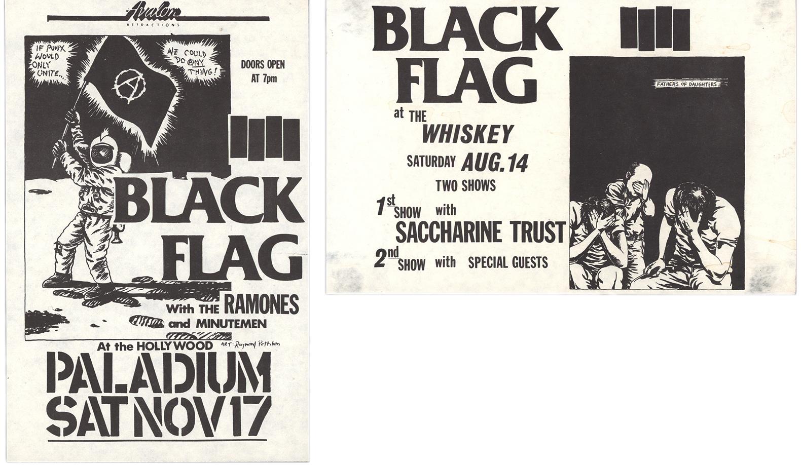 Raymond Pettibon Black Flag 1982/1984: 
A set of 2 rare Raymond Pettibon illustrated Black Flag punk flyers. Published on the occasion of:
 
Black Flag & Saccharine Trust at the Whiskey, August 14th, 1982; and Black Flag with the Ramones & Minutemen