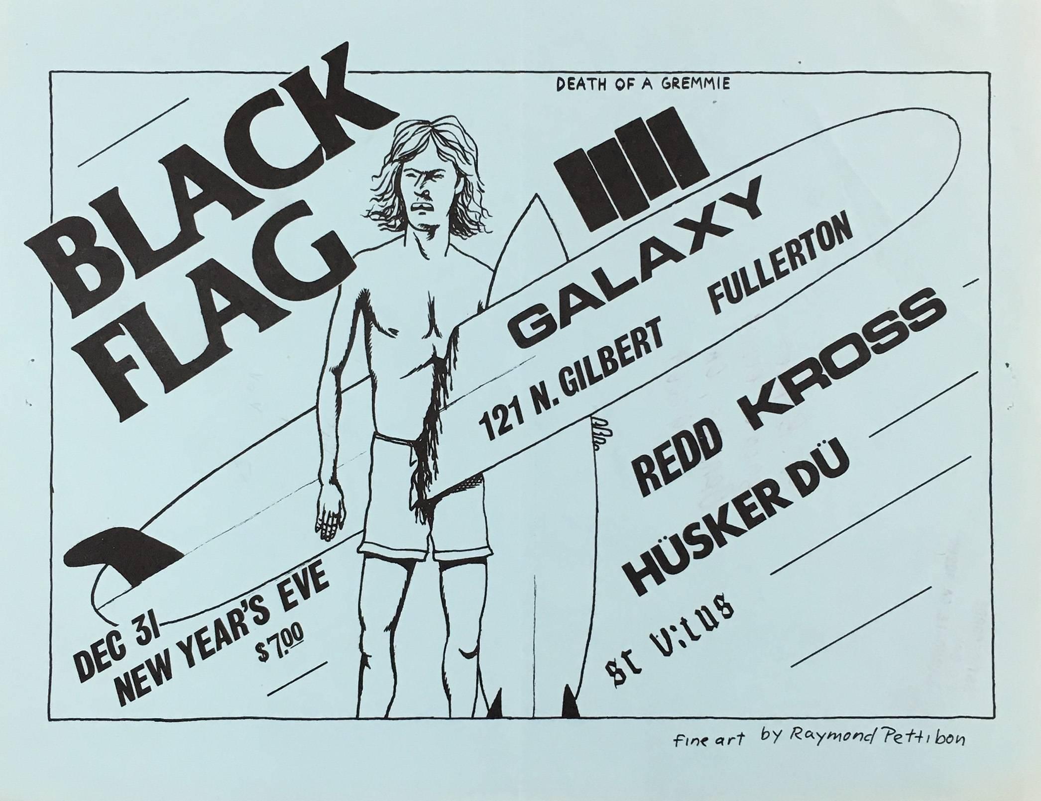 Rare Original Raymond Pettibon Black Flag Flyer, 1982
Early Punk Flyer / handbill featuring printed artwork by Raymond Pettibon. Black Flag at Galaxy, Dec 31, 1982. Original off-set print, plate signed by Pettibon on the lower right. This an