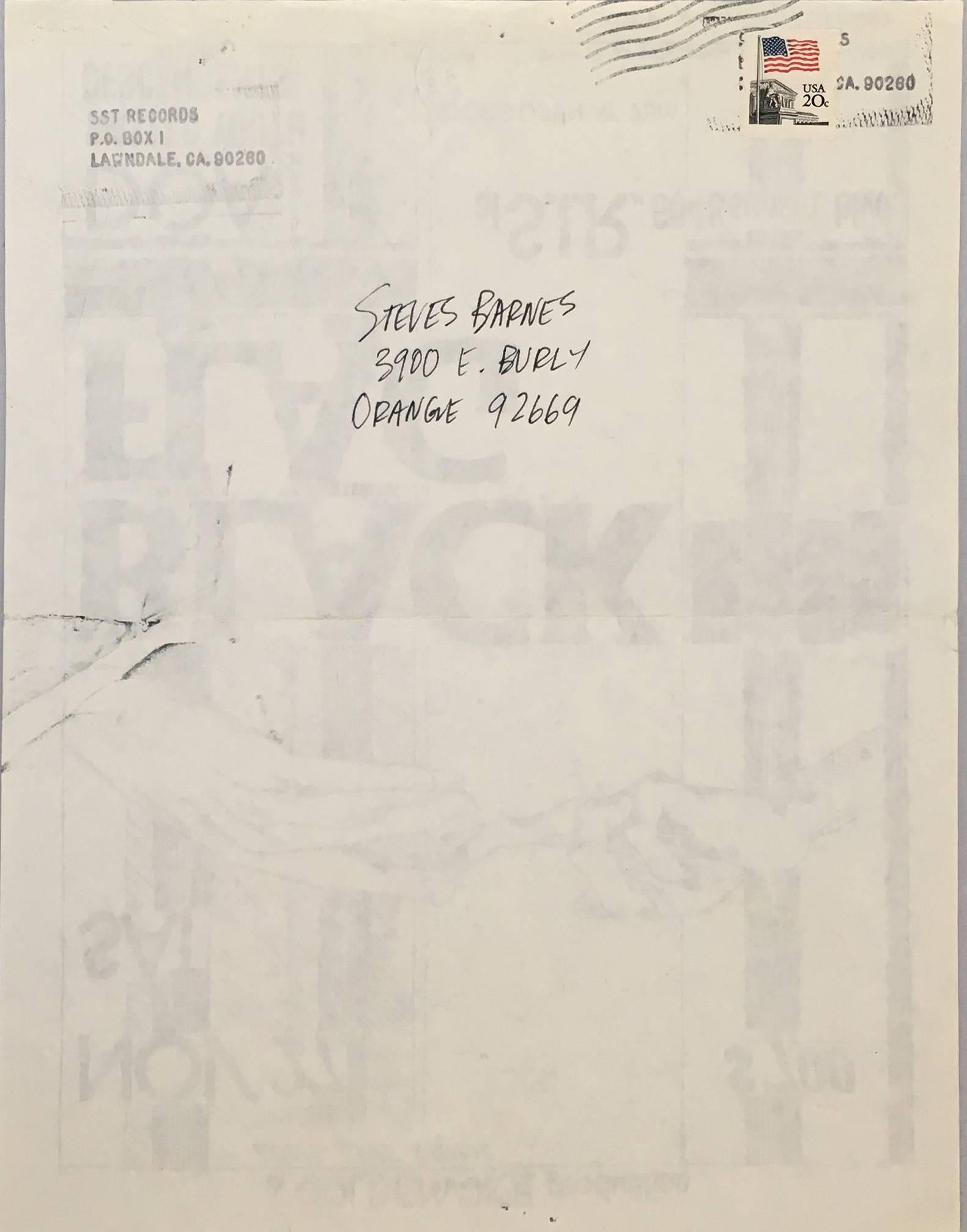 Raymond Pettibon: Rare original 1982 Black Flag flyer 
Black Flag at S.I.R., Saturday Nov 27, 1982: Offset-print, 11 x 8.5 inches. (28 x 21.6 cm); Flyer / Handbill for gig by Black Flag, DOA, Descendents, and Wasted Youth featuring original artwork