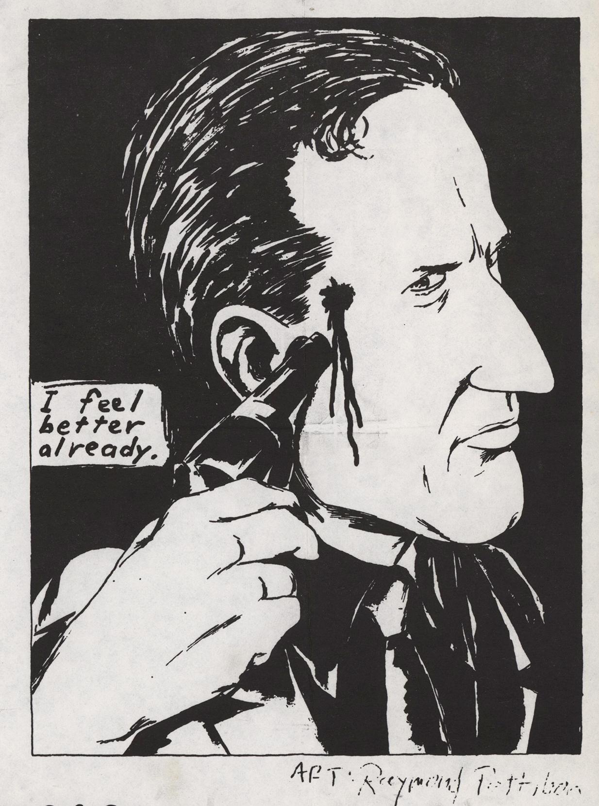 Raymond Pettibon Schwarze Flagge 1982:
Flyer / Handzettel für ein Konzert von Black Flag, Circle One, Saint Vitus, the Nig-Heist mit einem Kunstwerk von Raymond Pettibon
in Dancing Waters; 6. August 1982. 

Offsetdruck, 8 ½ x 11 in. (21,6 x 28 cm)