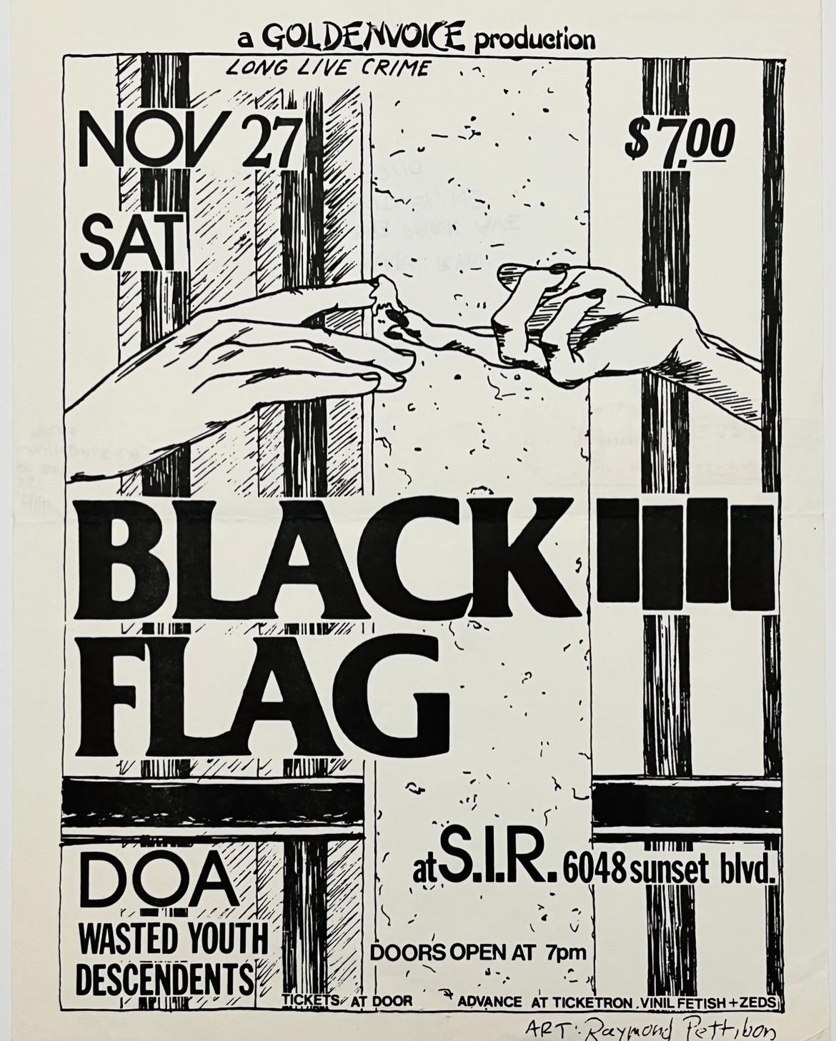 Raymond Pettibon: Rare original 1983 Black Flag flyer (postmarked on reverse):
Black Flag at S.I.R., Nov 27, 1982: Offset-print, 11 x 8.5 inches. (28 x 21.6 cm); Flyer / Handbill for gig by Black Flag, DOA, Descendents, and Wasted Youth featuring